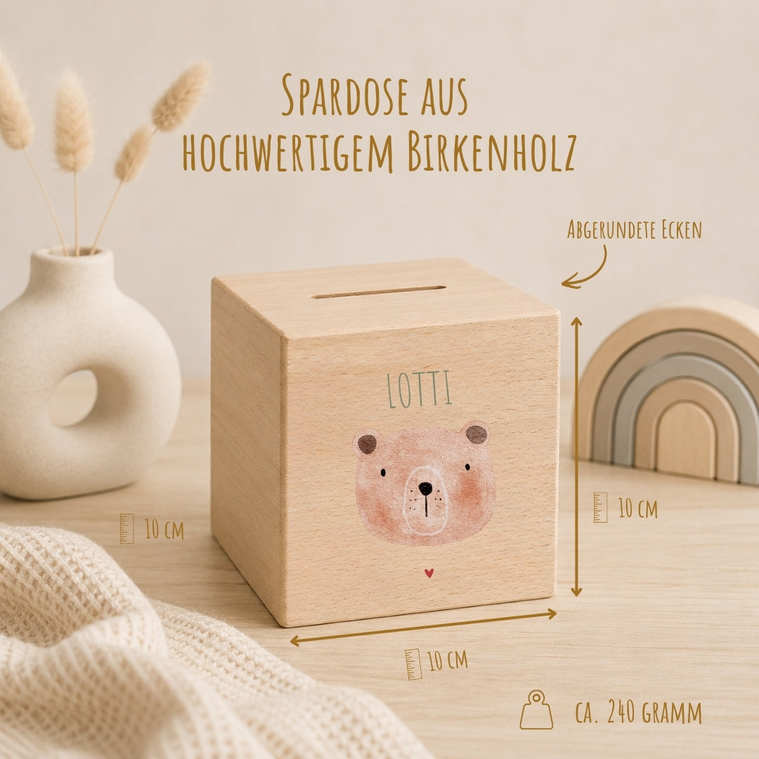 Spardose aus Holz mit Namen, Motiv Bärchen – Ansicht 2