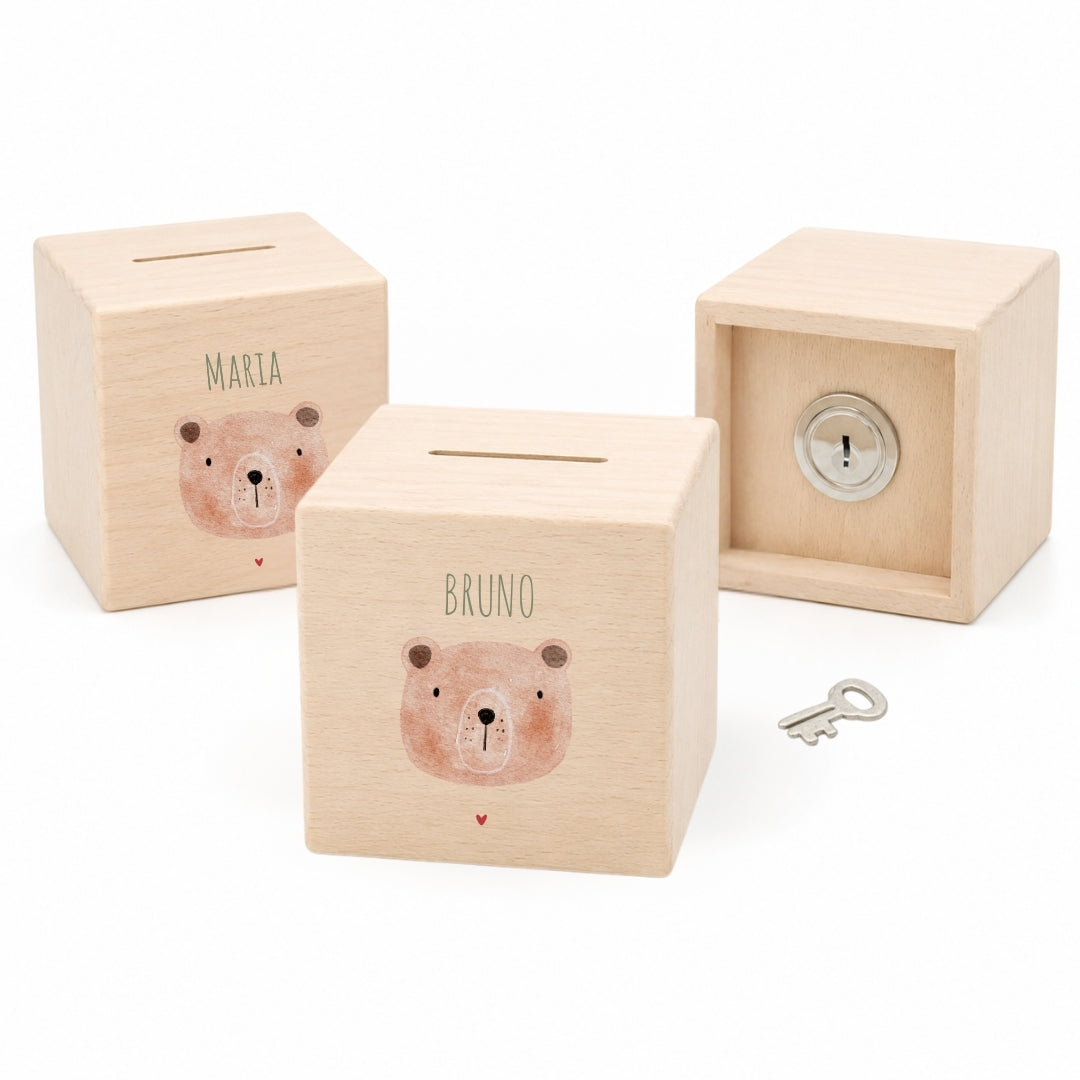 Spardose aus Holz mit Namen, Motiv Bärchen – Ansicht 1