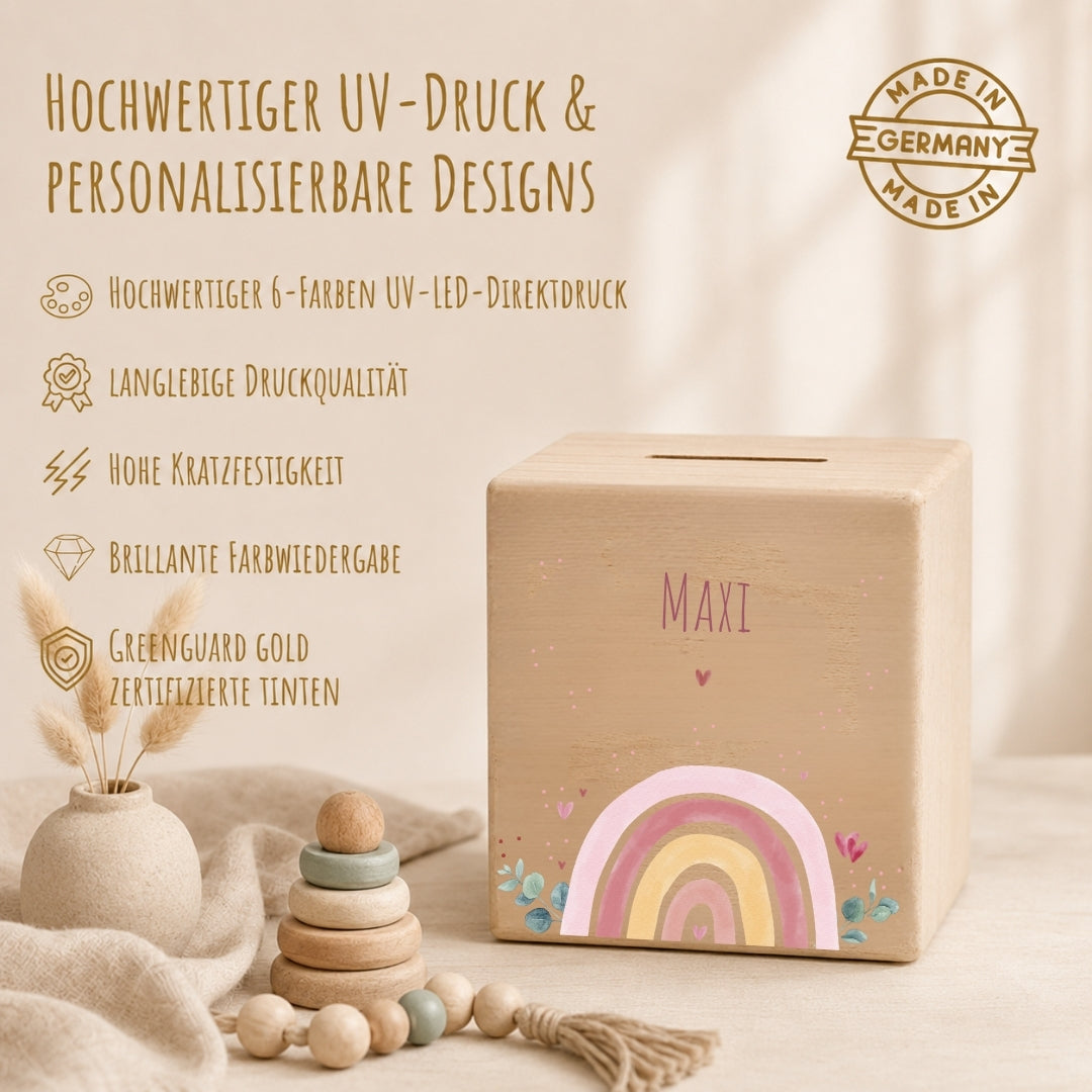 Spardose aus Holz mit Namen, Motiv Regenbogen Rosa – Ansicht 4