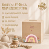 Spardose aus Holz mit Namen, Motiv Regenbogen Rosa – Ansicht 4