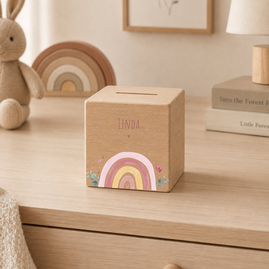 Spardose aus Holz mit Namen, Motiv Regenbogen Rosa – Ansicht 6