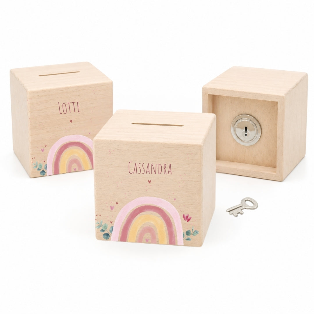 Spardose aus Holz mit Namen, Motiv Regenbogen Rosa – Ansicht 1
