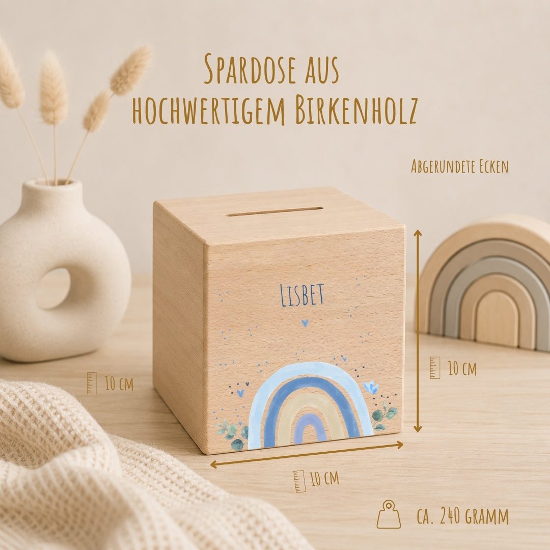 Spardose aus Holz mit Namen, Motiv Regenbogen Blau – Ansicht 2