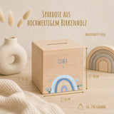 Spardose aus Holz mit Namen, Motiv Regenbogen Blau – Ansicht 2