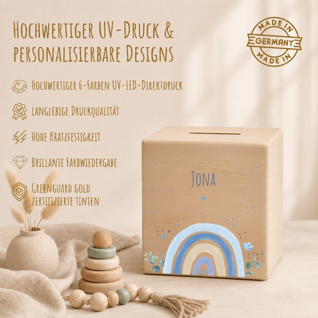 Spardose aus Holz mit Namen, Motiv Regenbogen Blau – Ansicht 4