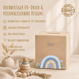 Spardose aus Holz mit Namen, Motiv Regenbogen Blau – Ansicht 4