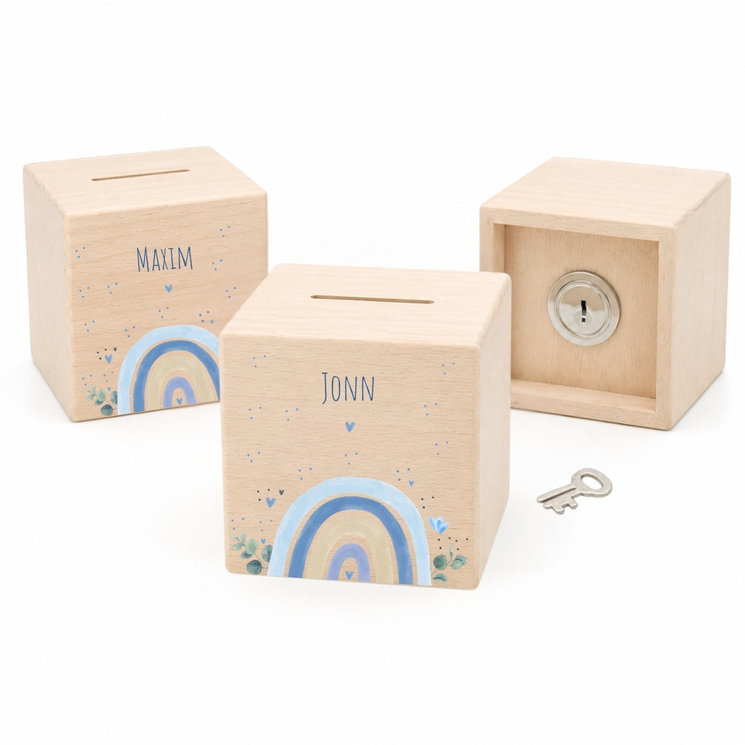 Spardose aus Holz mit Namen, Motiv Regenbogen Blau – Ansicht 1