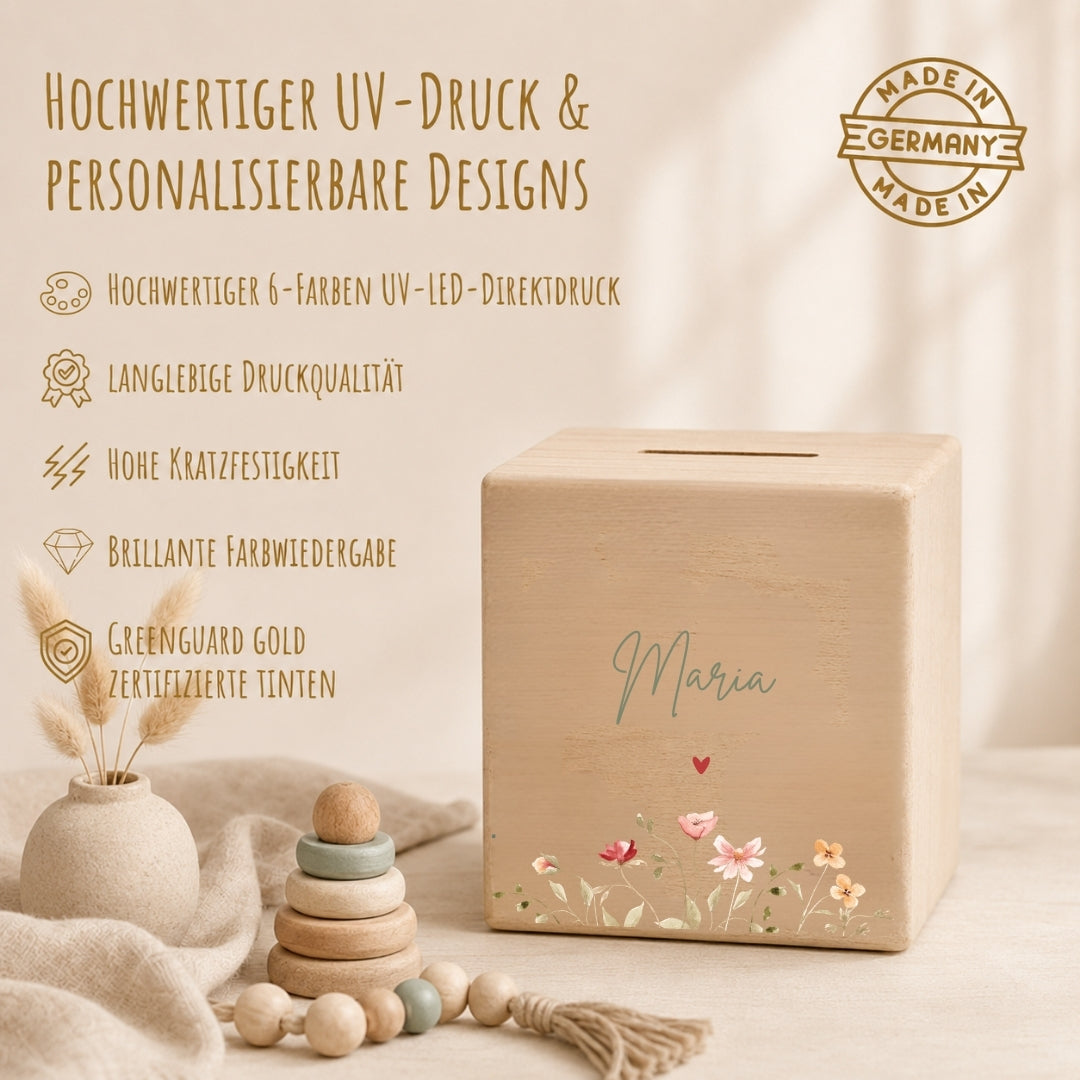 Spardose aus Holz mit Namen, Motiv Blümchen – Ansicht 4