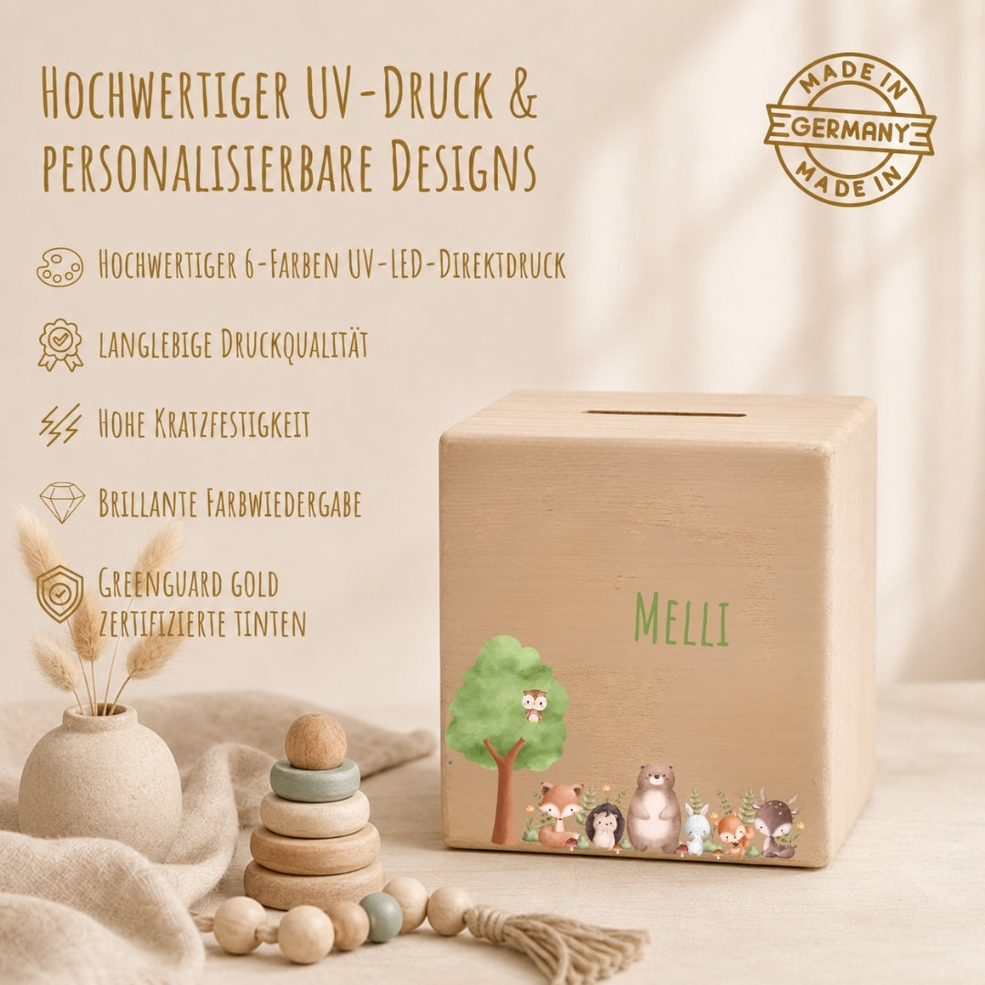 Spardose aus Holz mit Namen, Motiv Tiergruppe – Ansicht 4