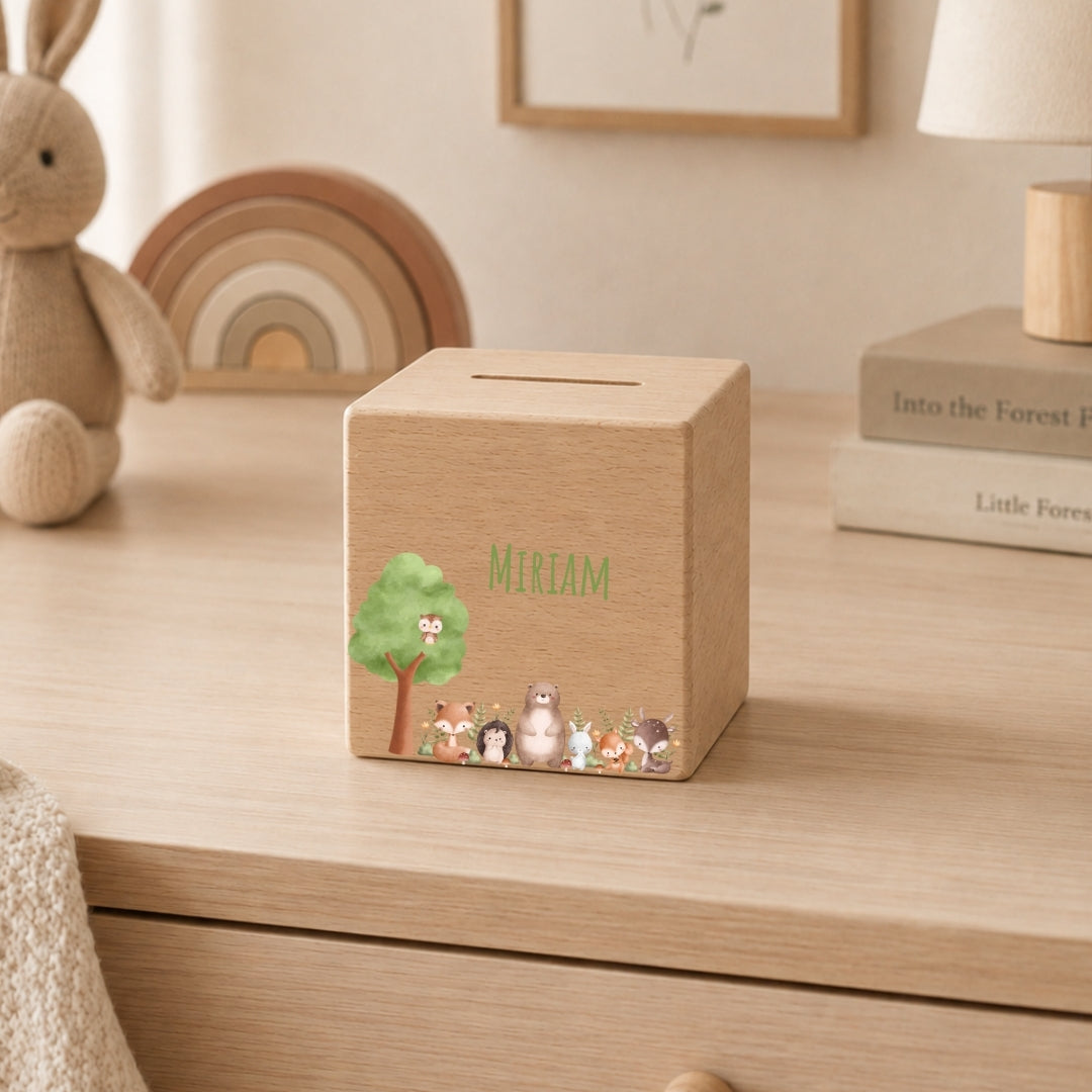 Spardose aus Holz mit Namen, Motiv Tiergruppe – Ansicht 6