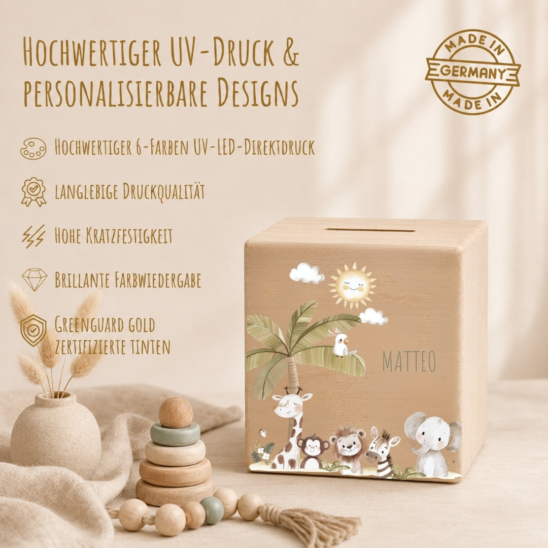 Spardose aus Holz mit Namen, Motiv Safari – Ansicht 4