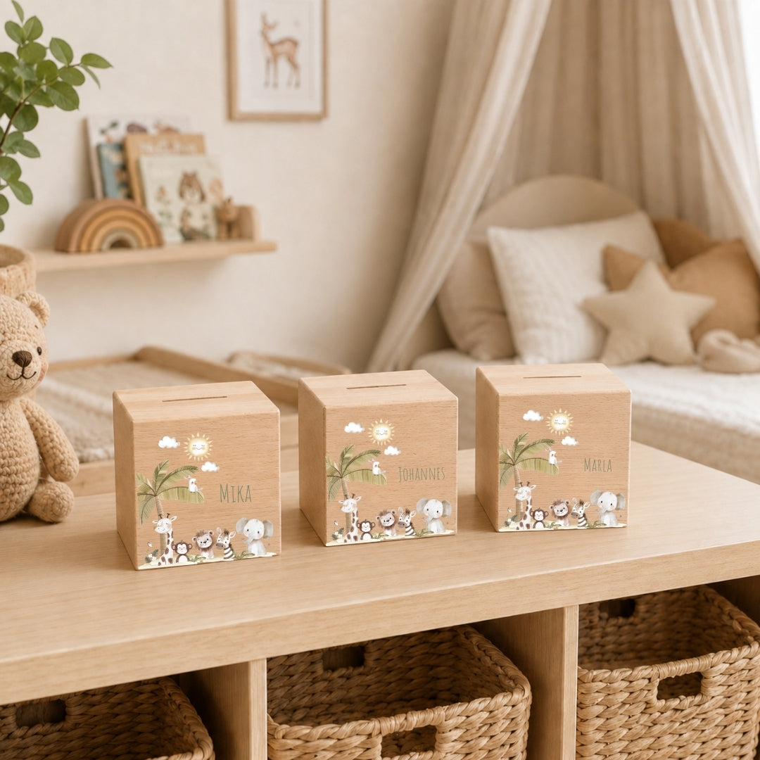 Spardose aus Holz mit Namen, Motiv Safari – Ansicht 6
