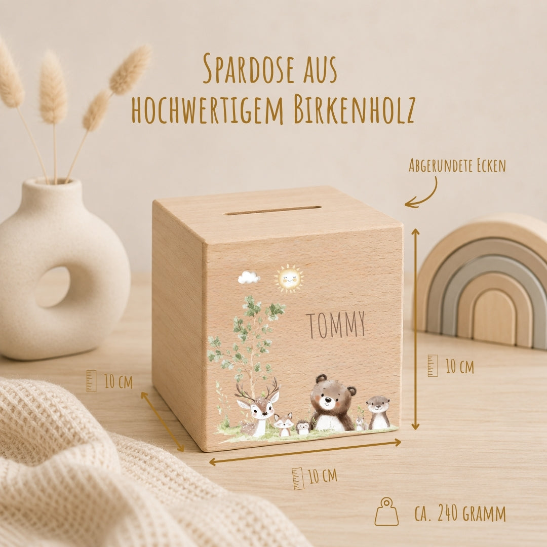 Spardose aus Holz mit Namen, Motiv Waldbewohner – Ansicht 2