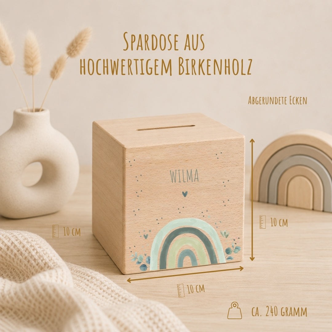 Spardose aus Holz mit Namen, Motiv Regenbogen grün – Ansicht 2