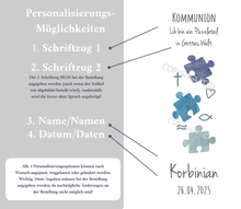 Load image into Gallery viewer, Kommunionkerze &quot; Ich bin ein Puzzleteil in Gottes Welt - Mark &quot; - personalisiert
