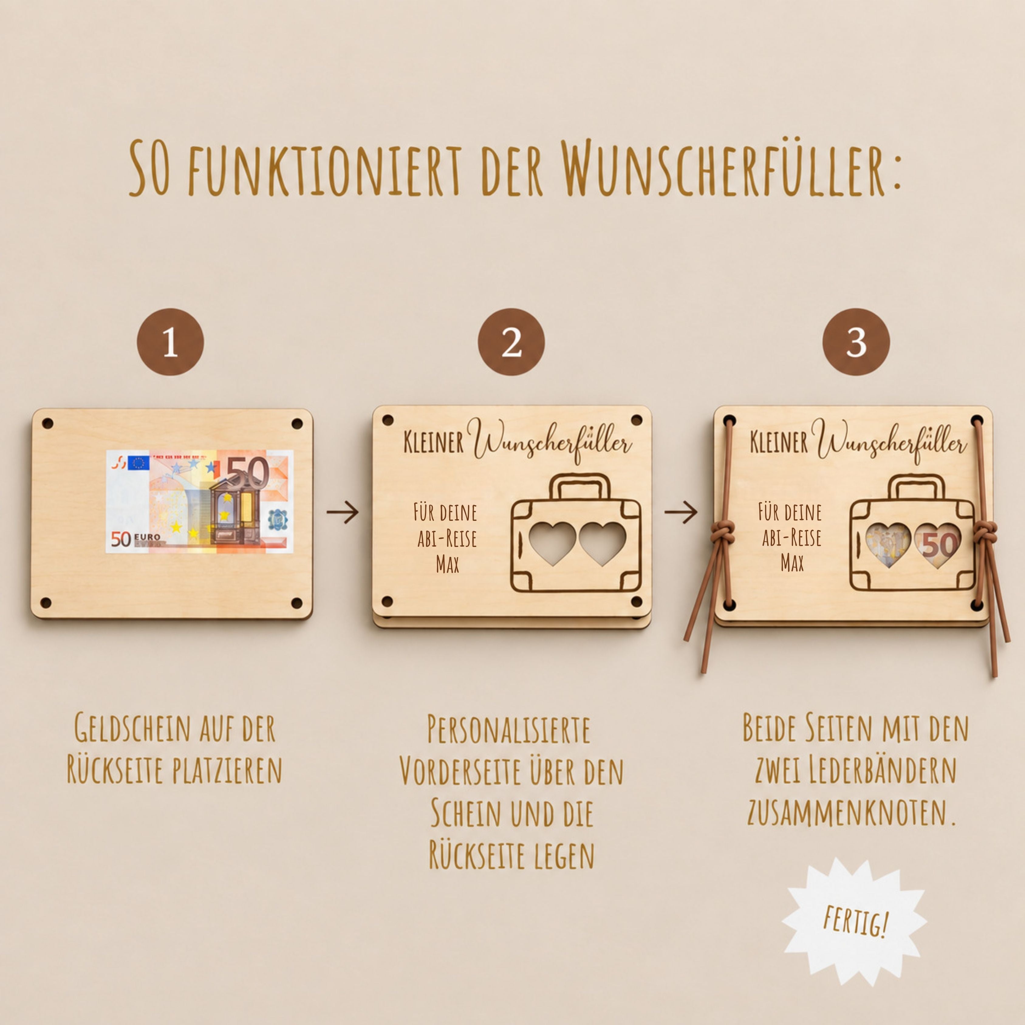 Wunscherfüller aus Holz, Ausschnitt Koffer, mit Gravur – Ansicht 6