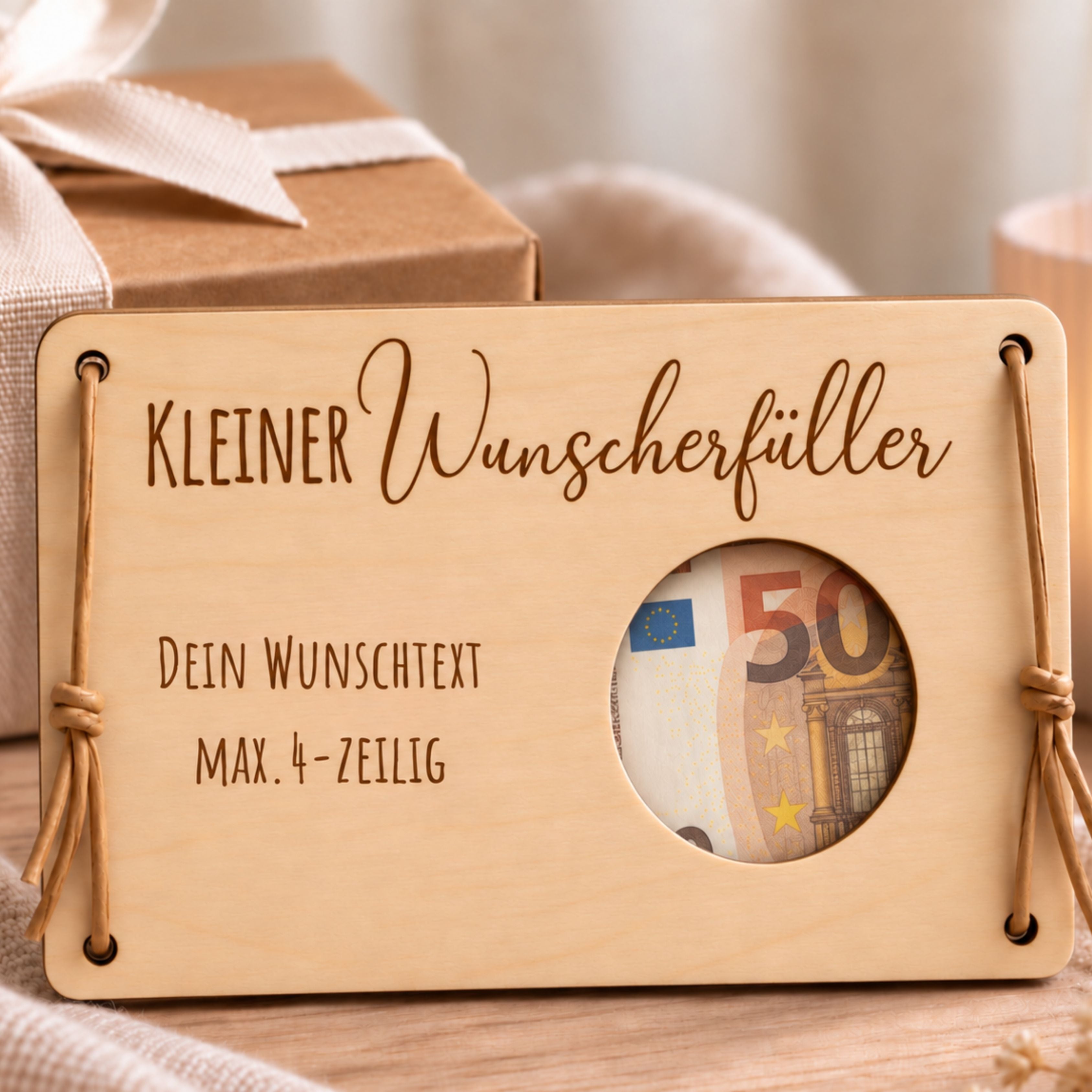 Wunscherfüller aus Holz, Ausschnitt Kreis, mit Gravur – Ansicht 2