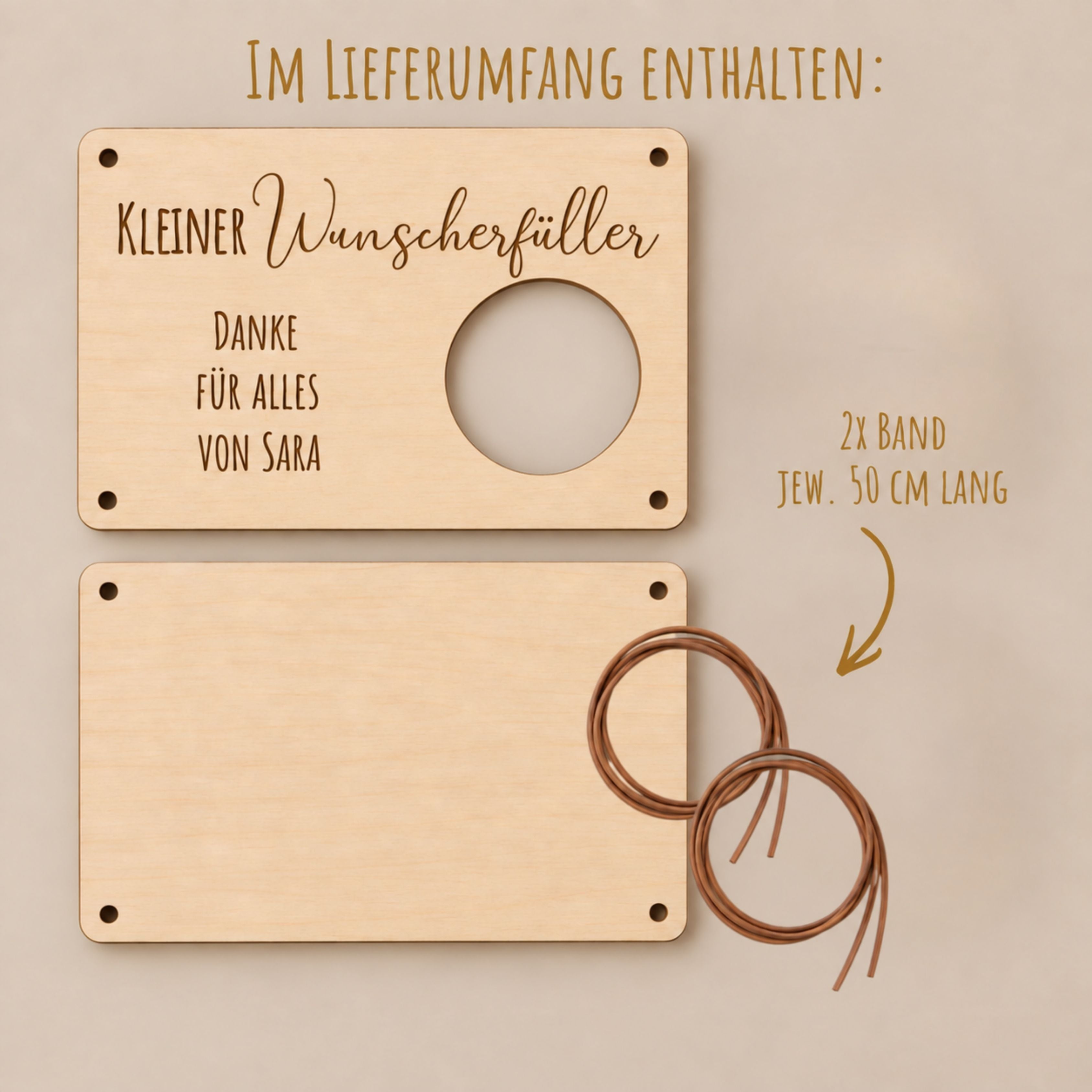 Wunscherfüller aus Holz, Ausschnitt Kreis, mit Gravur – Ansicht 5