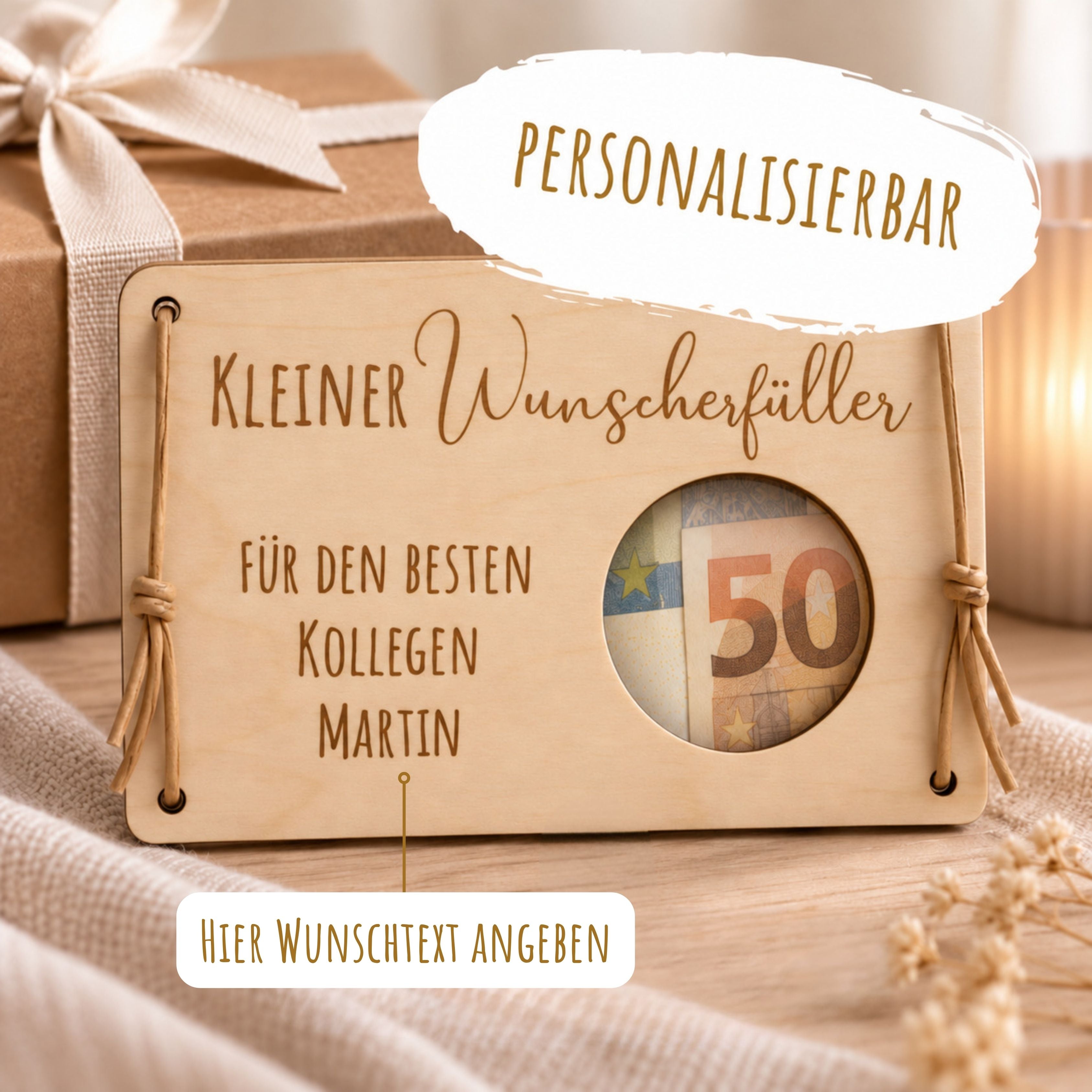 Wunscherfüller aus Holz, Ausschnitt Kreis, mit Gravur – Ansicht 7