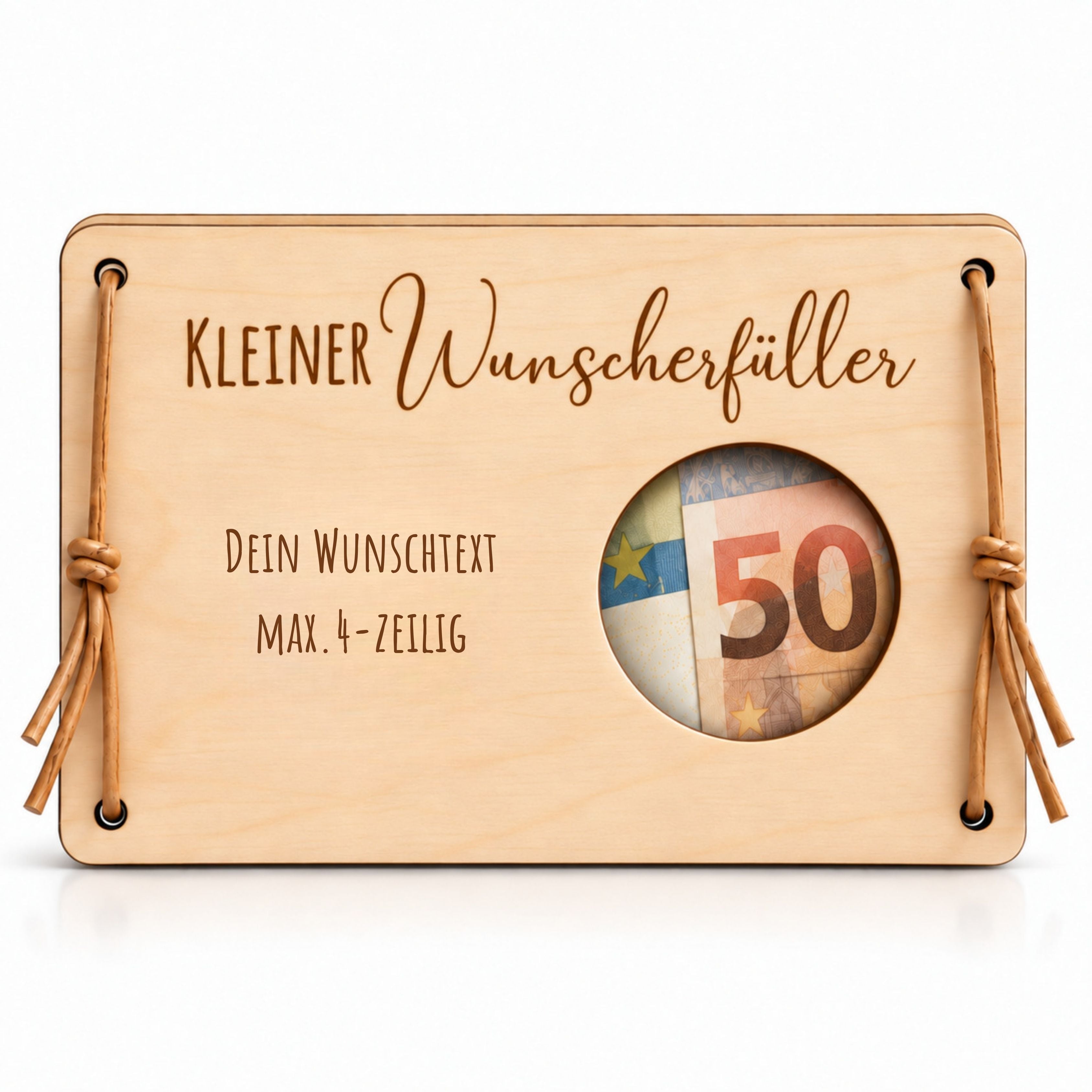 Wunscherfüller aus Holz, Ausschnitt Kreis, mit Gravur – Ansicht 1