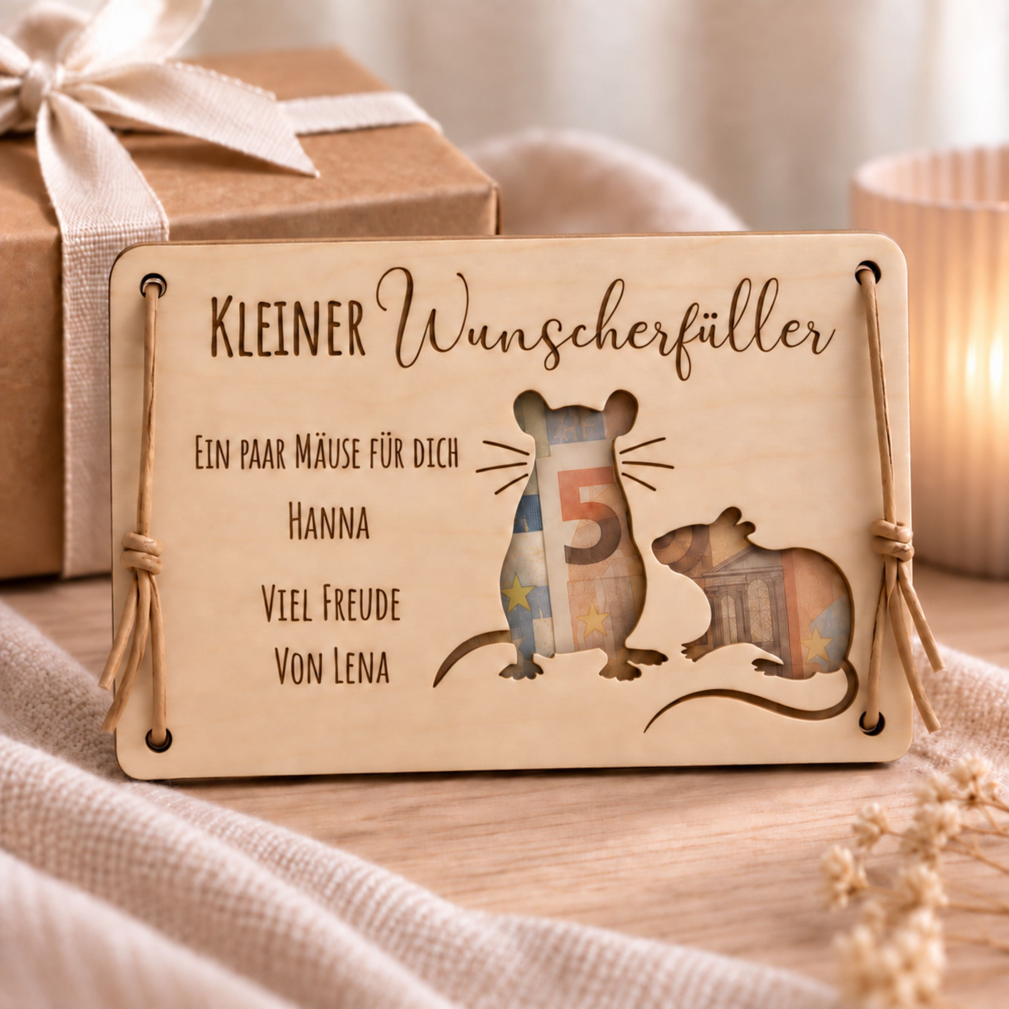 Wunscherfüller aus Holz, Ausschnitt Mäuse, mit Gravur – Ansicht 2