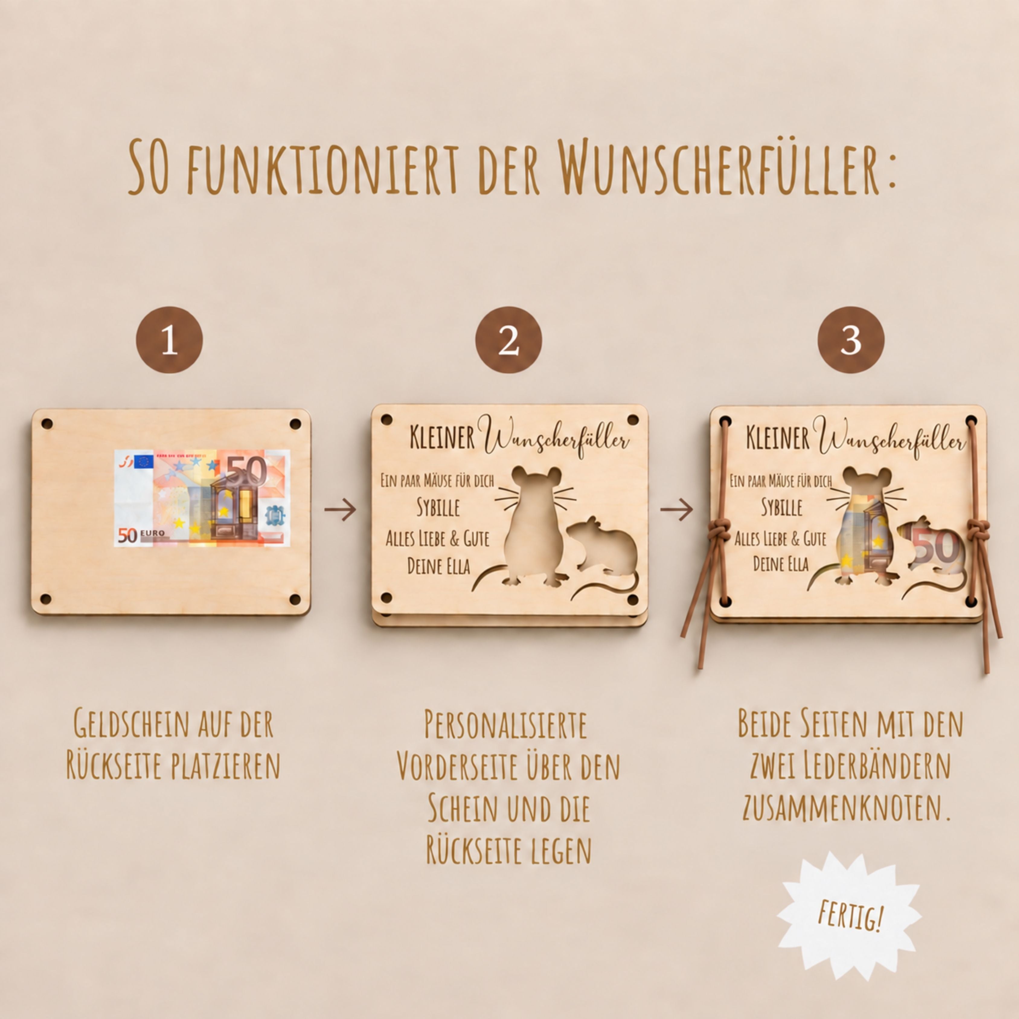 Wunscherfüller aus Holz, Ausschnitt Mäuse, mit Gravur – Ansicht 6