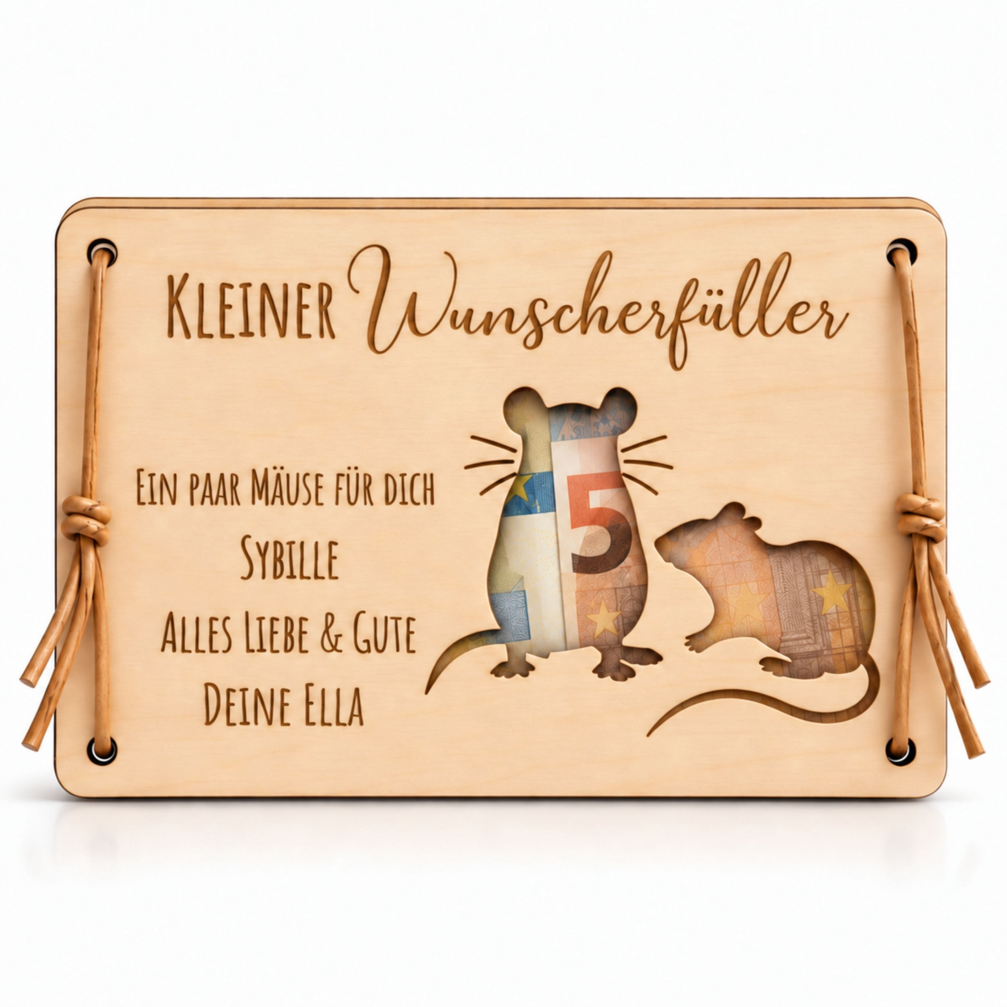 Wunscherfüller aus Holz, Ausschnitt Mäuse, mit Gravur – Ansicht 1