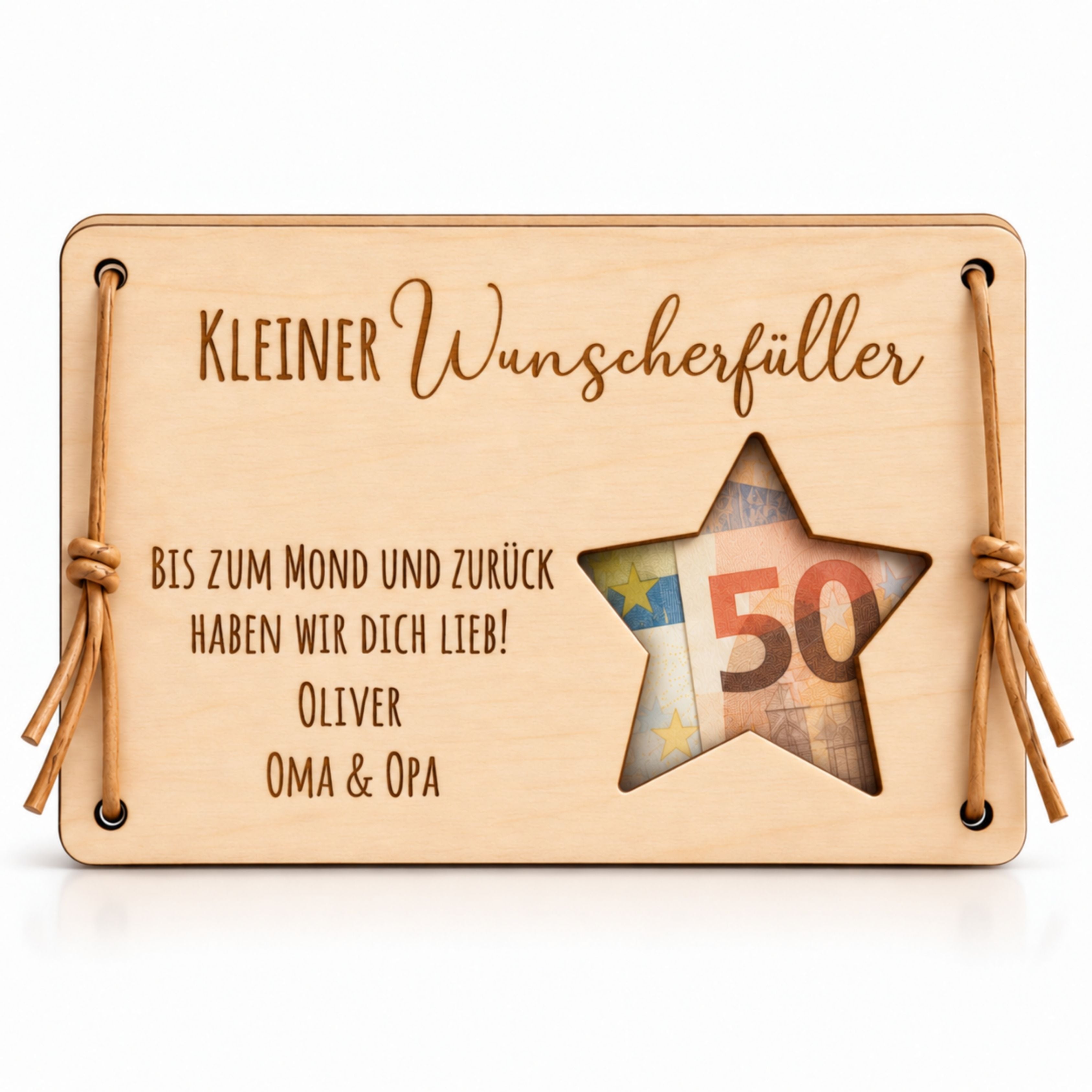 Wunscherfüller aus Holz, Ausschnitt Stern, mit Gravur – Ansicht 1