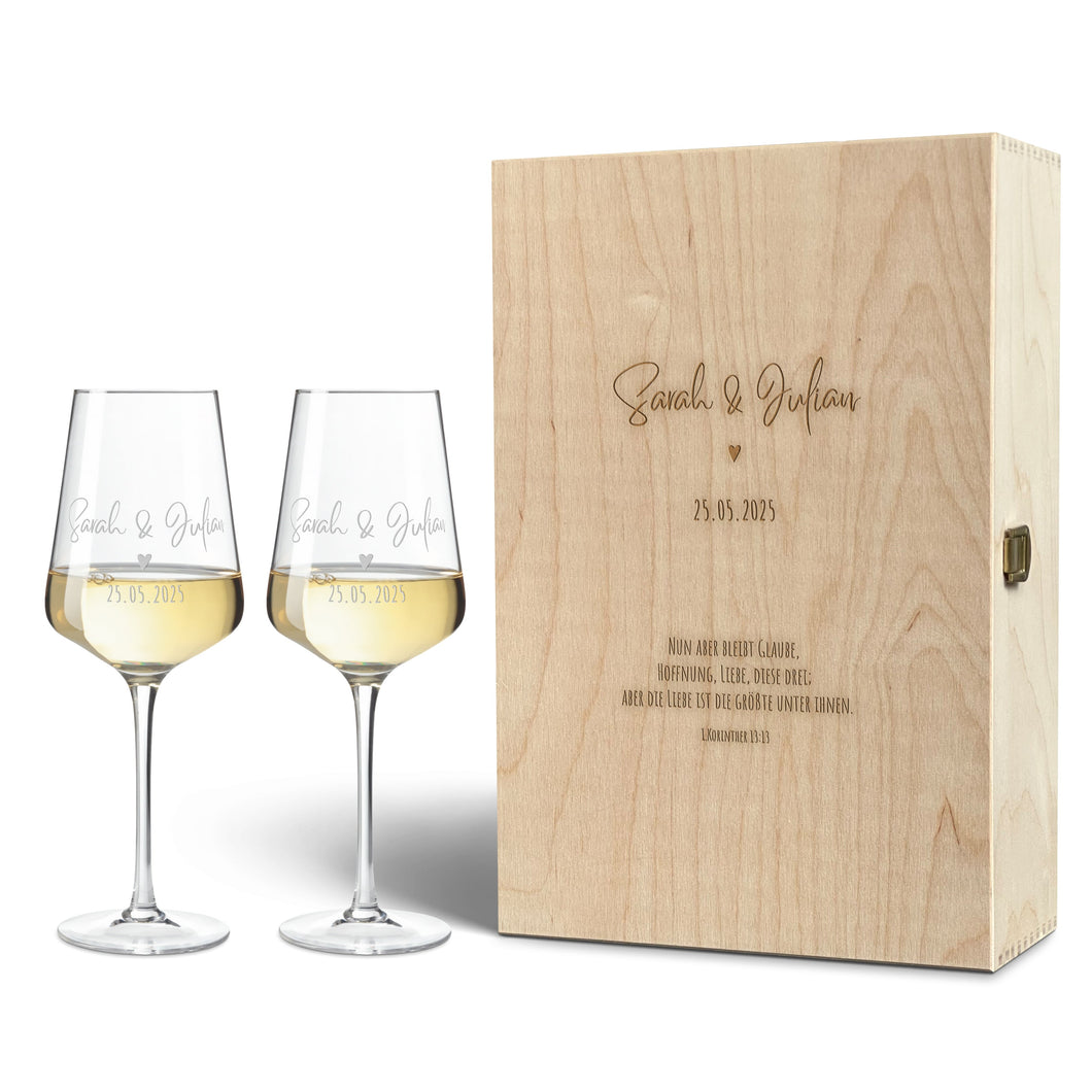 Leonardo Weinglas mit Gravur und Holzkiste im Set - Hochzeitsgeschenke für Brautpaar