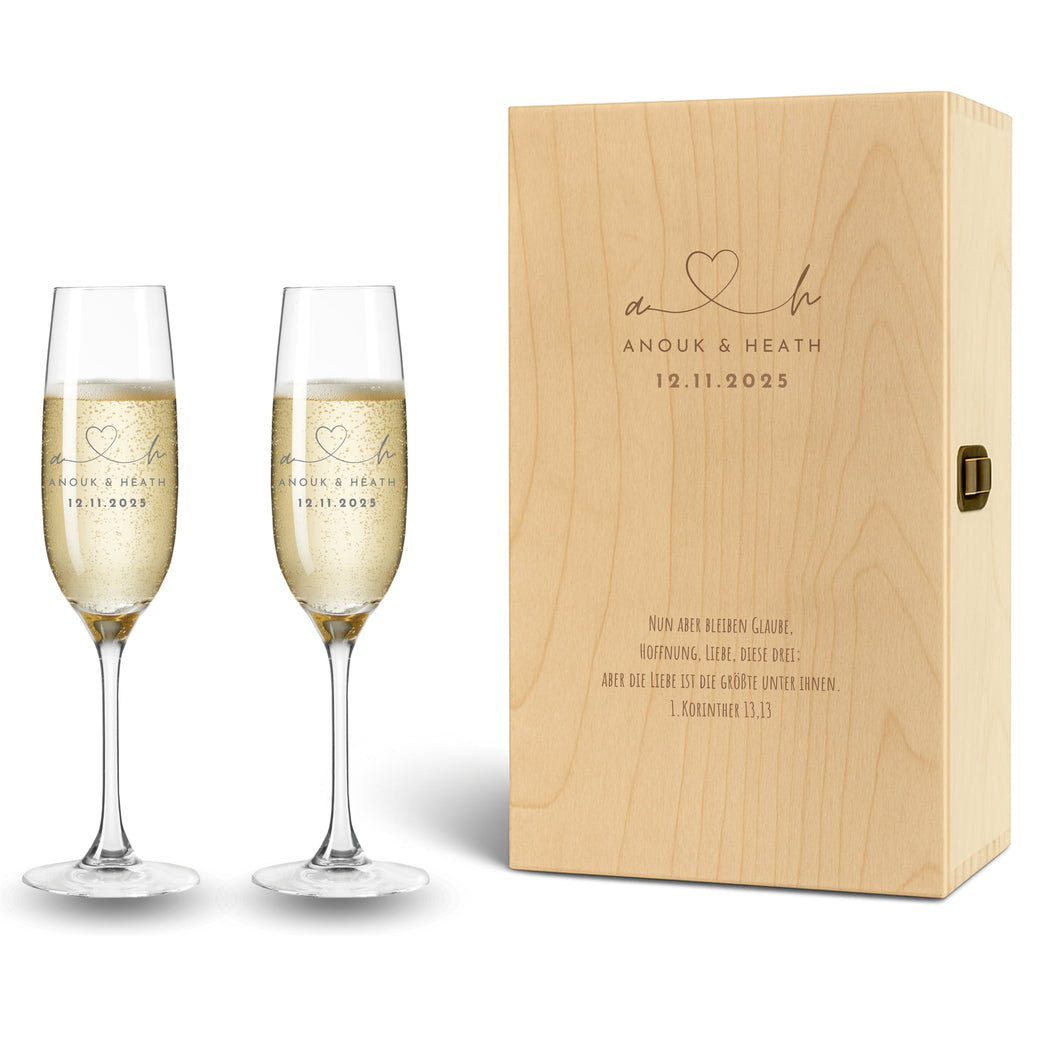 Leonardo Sektglas mit Gravur und Holzkiste im Set - Hochzeitsgeschenke für Brautpaar
