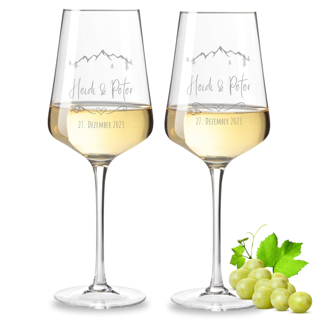 2er Set Weinglas personalisiert mit Gravur - Hochzeitsgeschenke mit Name & Datum Berge 