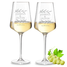 Charger l'image dans la galerie, 2er Set Weinglas personalisiert mit Gravur - Hochzeitsgeschenke mit Name &amp; Datum Blätterranke "Jasmina" Leonardo
