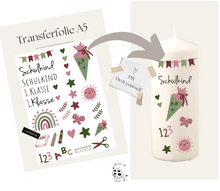 Lade das Bild in den Galerie-Viewer, Kerzenfolie Kerzentattoo  &quot;4001 Schulkind rosa&quot; - Einschulung Schultüte 1.Klasse | Geschenk | Tischdeko | Stabkerzen &amp; Stumpenkerzen diy- Kerzensticker DIY
