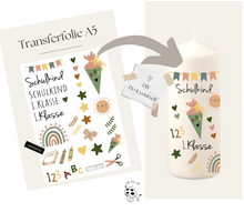 Charger l&#39;image dans la galerie, Kerzenfolie Kerzentattoo  &quot;4004 Schulkind boho &quot; - Einschulung Schultüte 1.Klasse | Geschenk | Tischdeko | Stabkerzen &amp; Stumpenkerzen diy- Kerzensticker DIY
