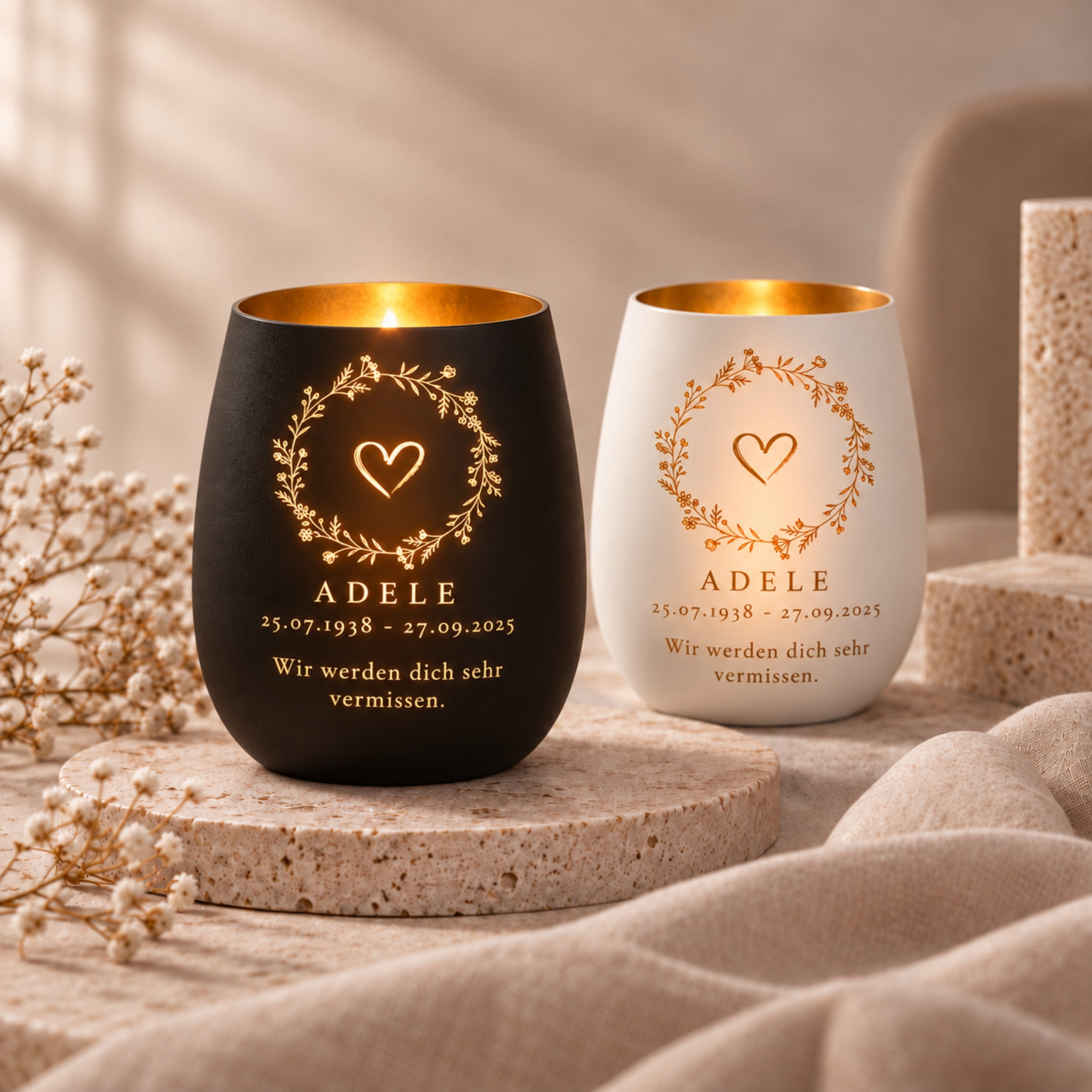 Trauerlicht aus Glas mit Gravur Herz, personalisiert