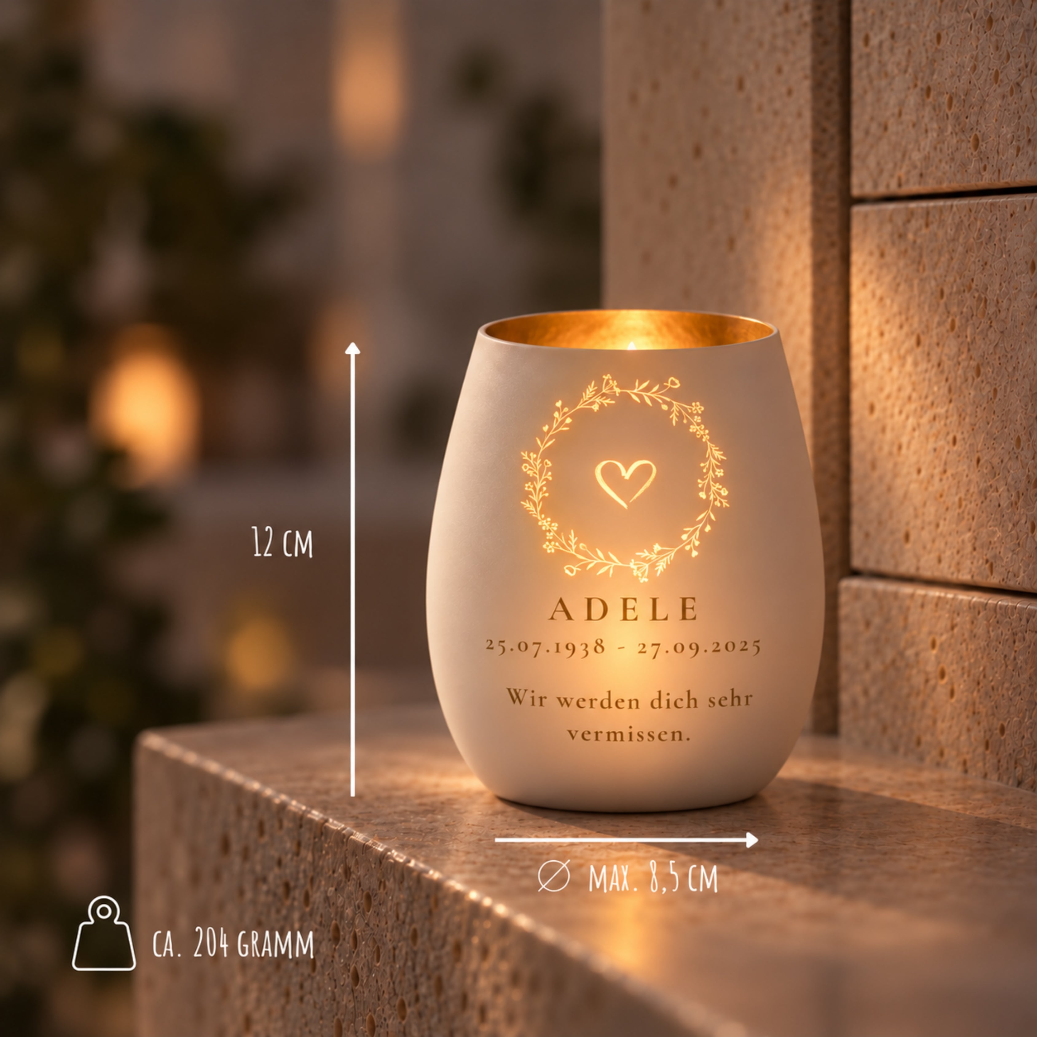 Trauerlicht aus Glas mit Gravur Herz – Ansicht 3