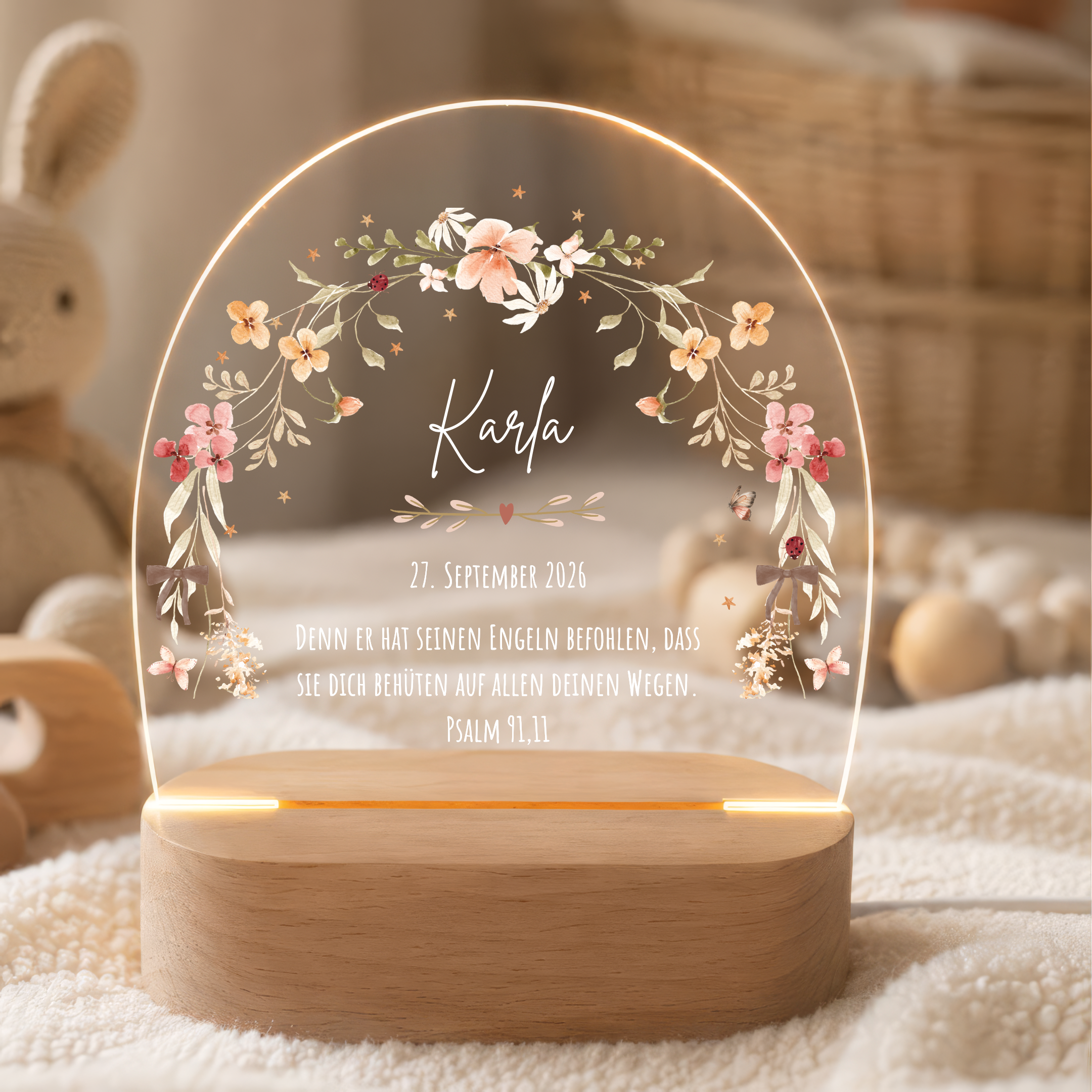 LED-Nachtlicht für Kinder mit Motiv Blumen Regenbogen, personalisiert