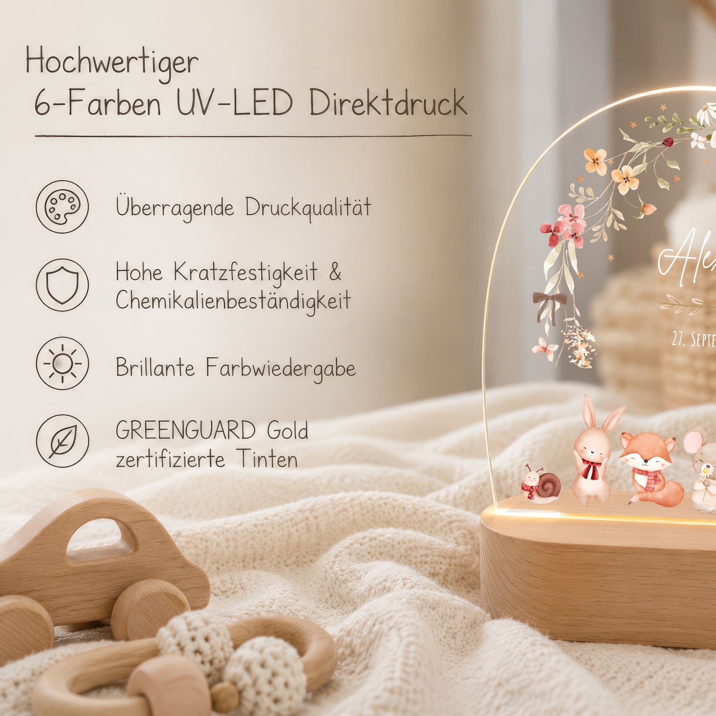 LED-Nachtlicht für Kinder mit Motiv Blumenkranz mit Tieren – Ansicht 5