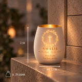 Trauerlicht aus Glas mit Gravur Kreuz im Blumenkranz – Ansicht 3