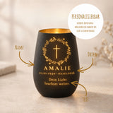 Trauerlicht aus Glas mit Gravur Kreuz im Blumenkranz – Ansicht 4