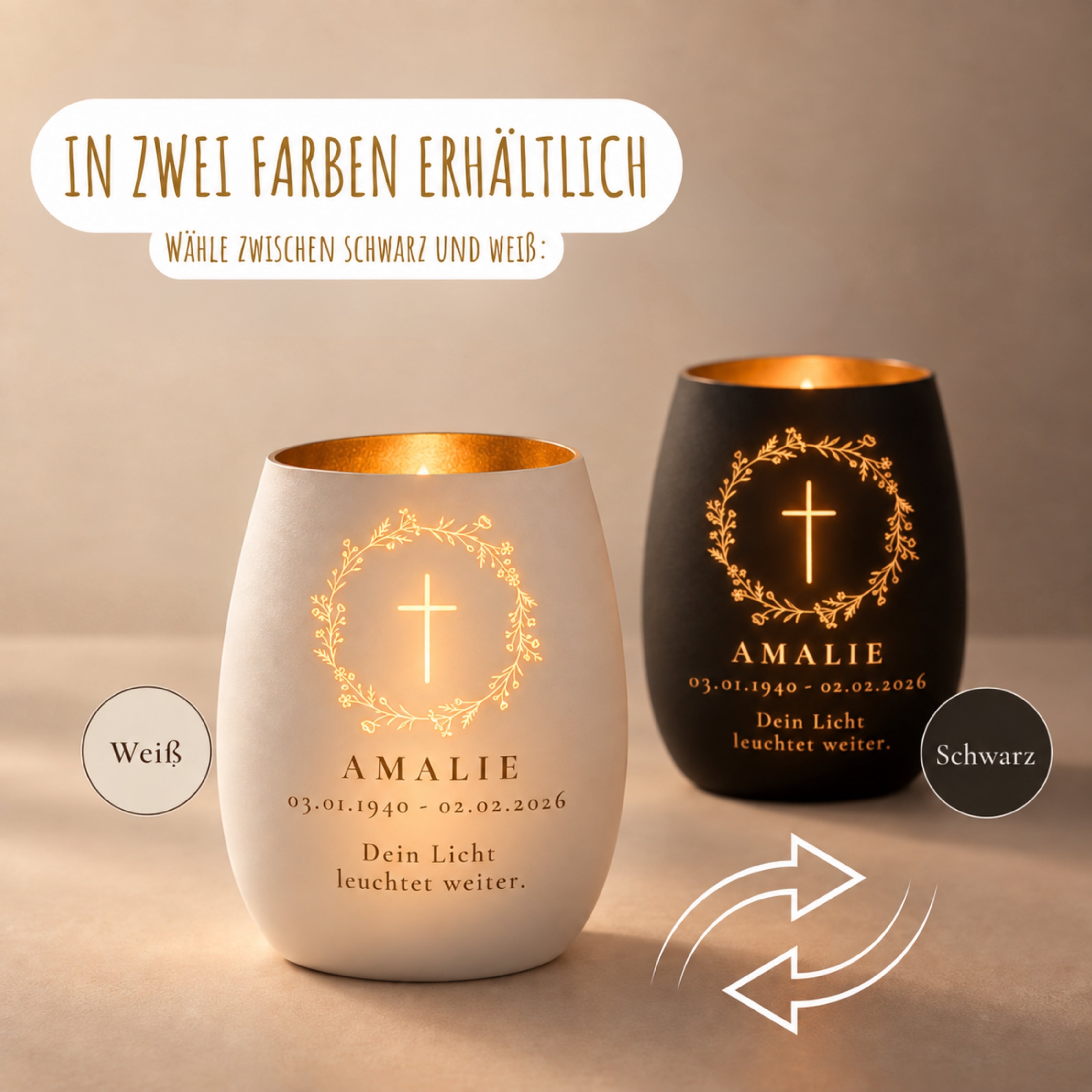 Trauerlicht aus Glas mit Gravur Kreuz im Blumenkranz – Ansicht 5