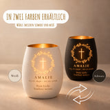 Trauerlicht aus Glas mit Gravur Kreuz im Blumenkranz – Ansicht 5