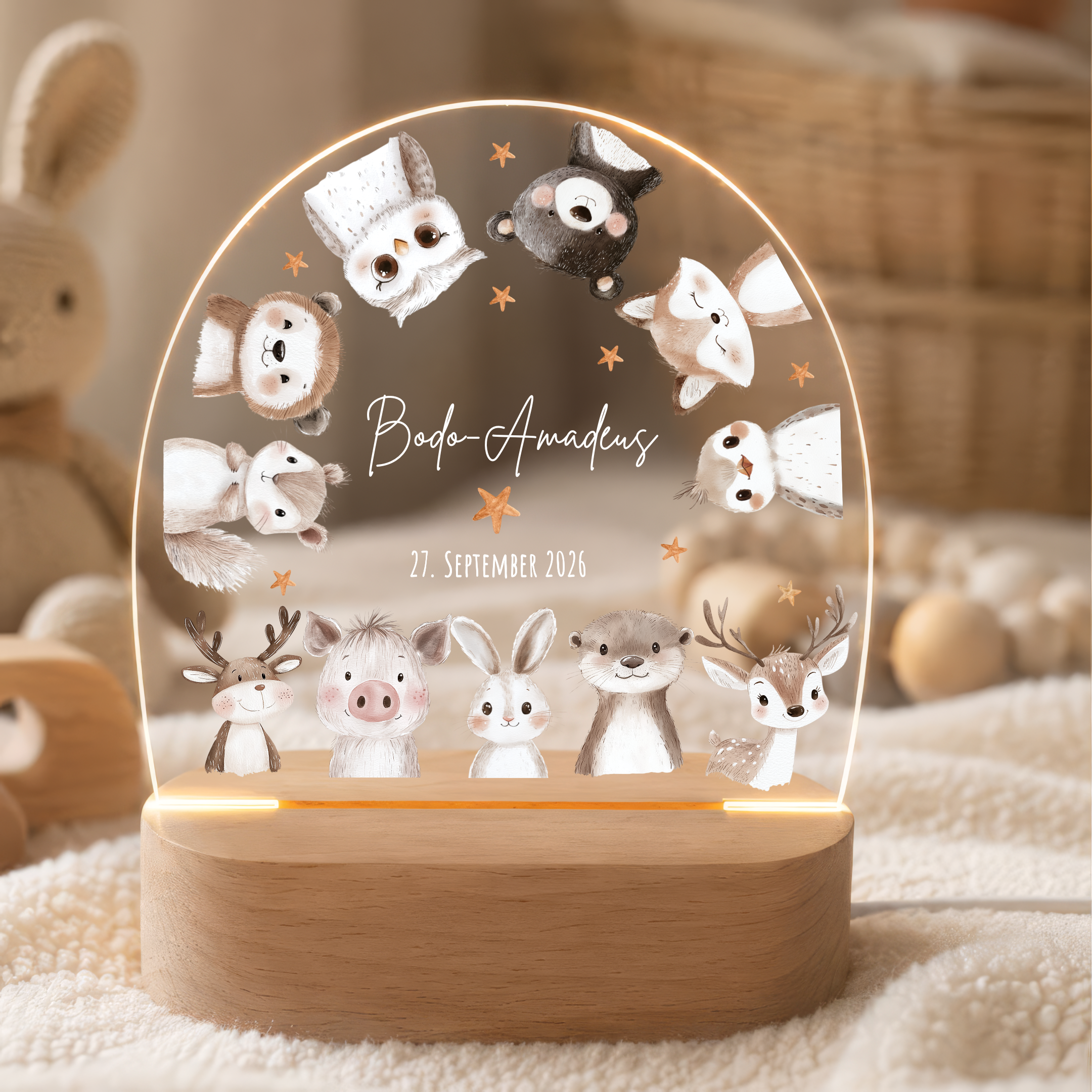 LED-Nachtlicht für Kinder mit Motiv Waldtiere, personalisiert