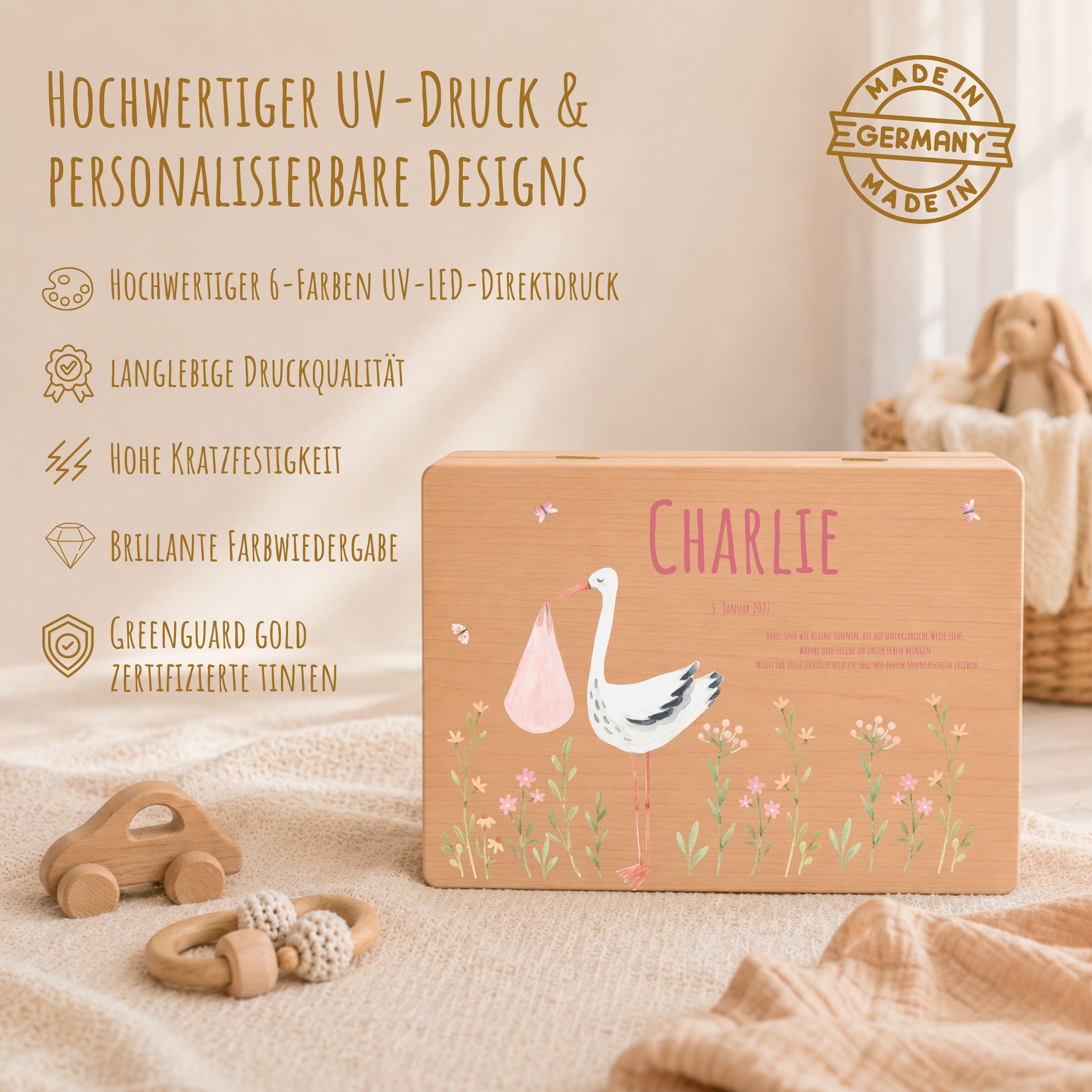Erinnerungsbox Baby mit Deckel Motiv Storch Mädchen personalisiert – Ansicht 4