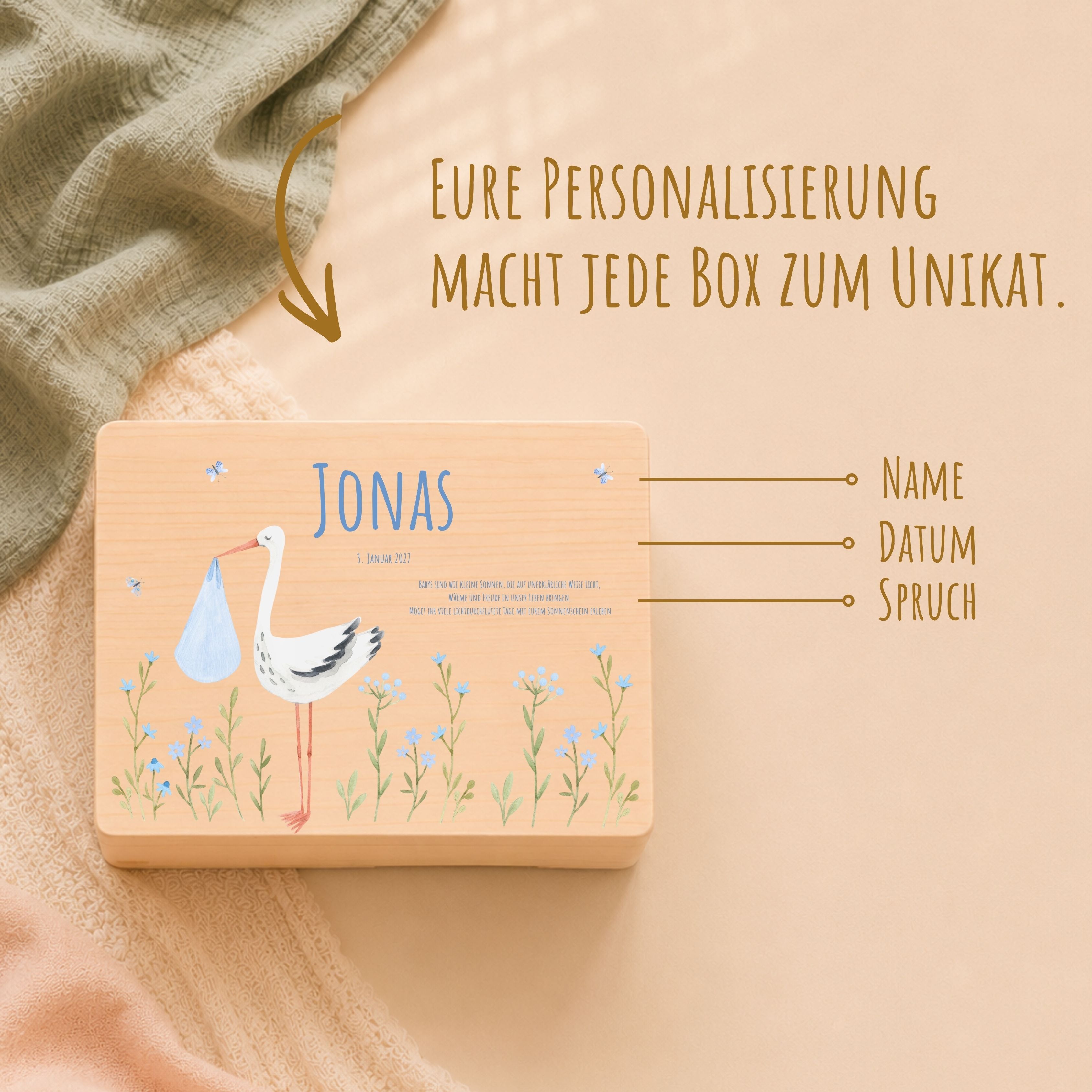 Erinnerungsbox Baby mit Deckel Motiv Storch Jungen personalisiert – Ansicht 6