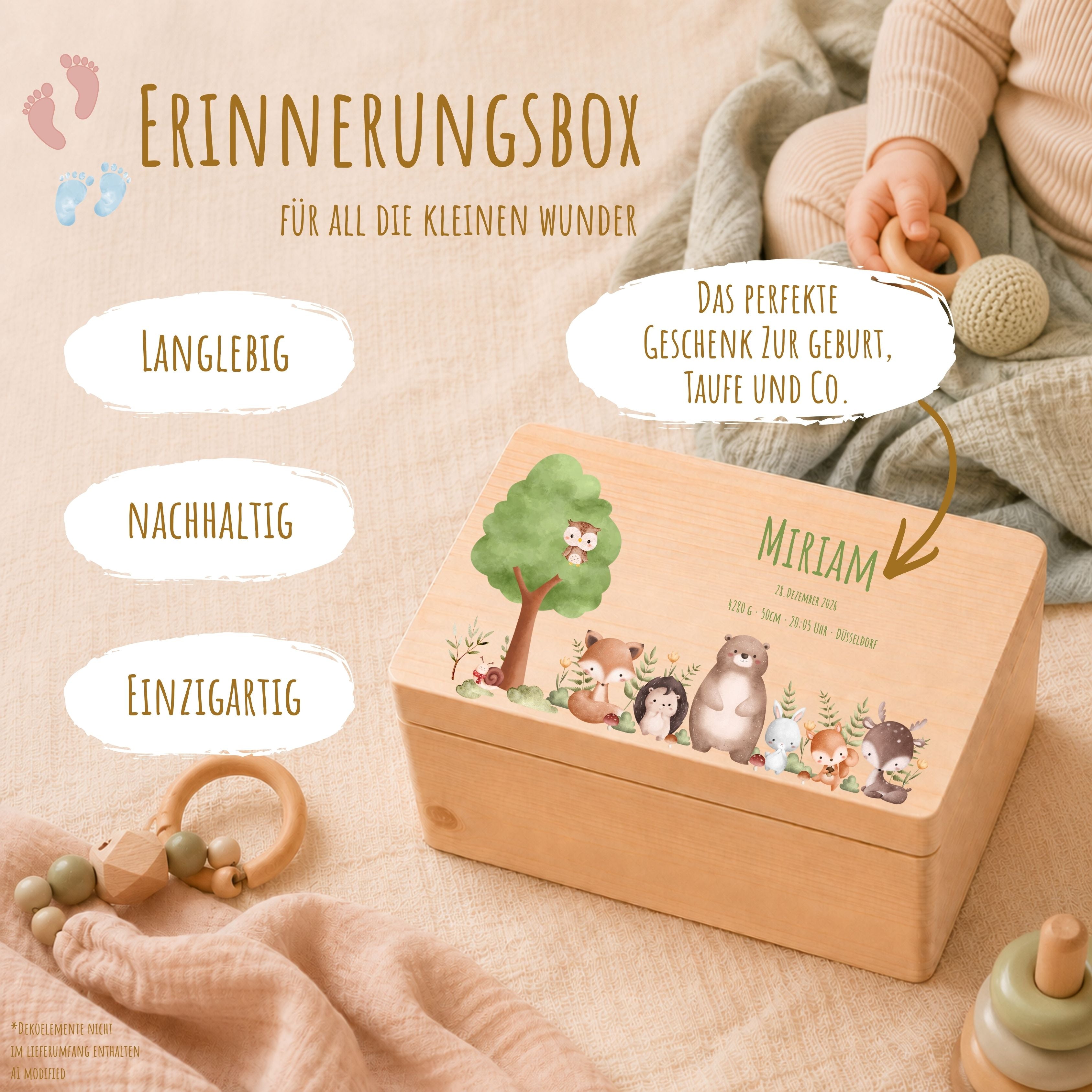Erinnerungsbox Baby mit Deckel Motiv Waldbewohner personalisiert – Ansicht 2