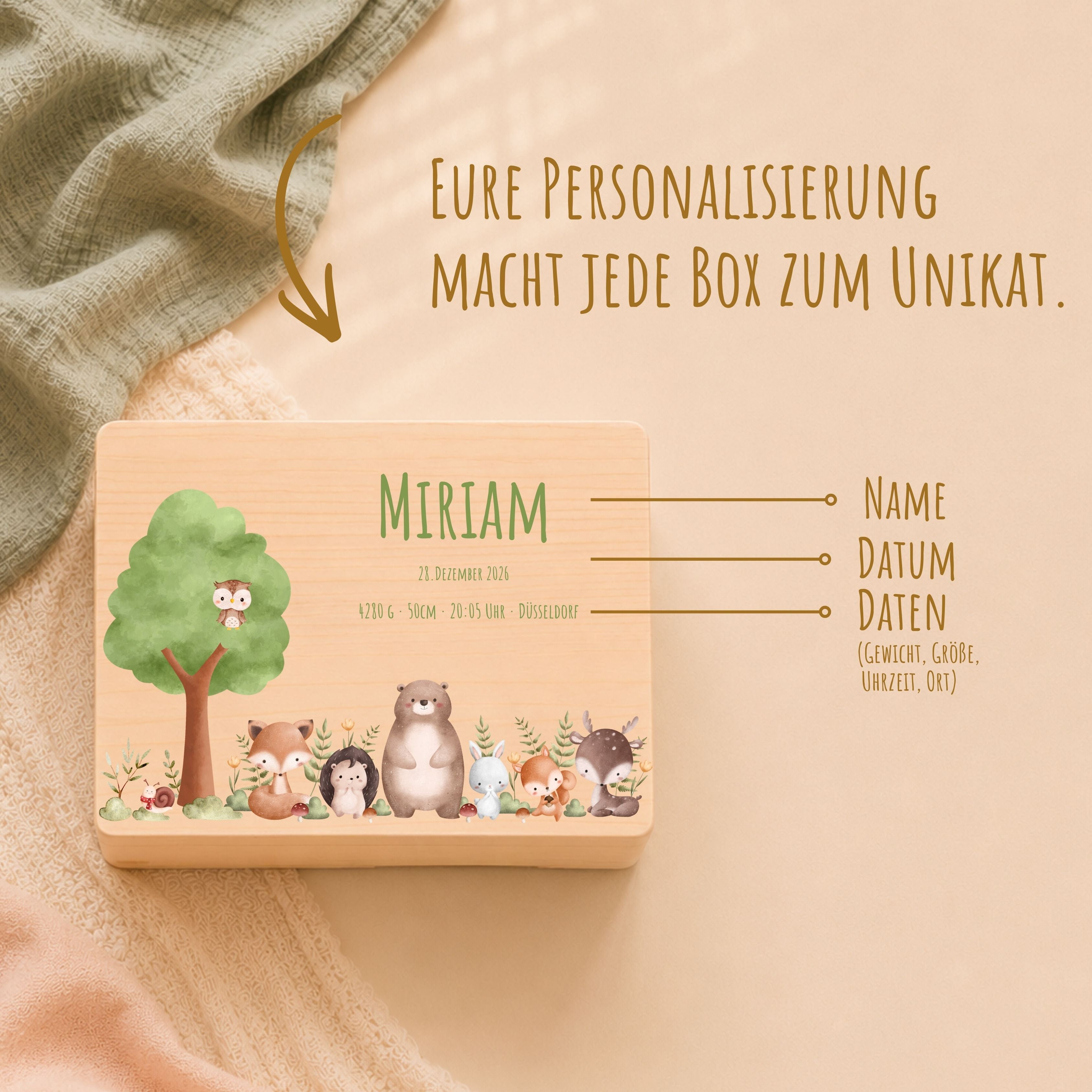 Erinnerungsbox Baby mit Deckel Motiv Waldbewohner personalisiert – Ansicht 6