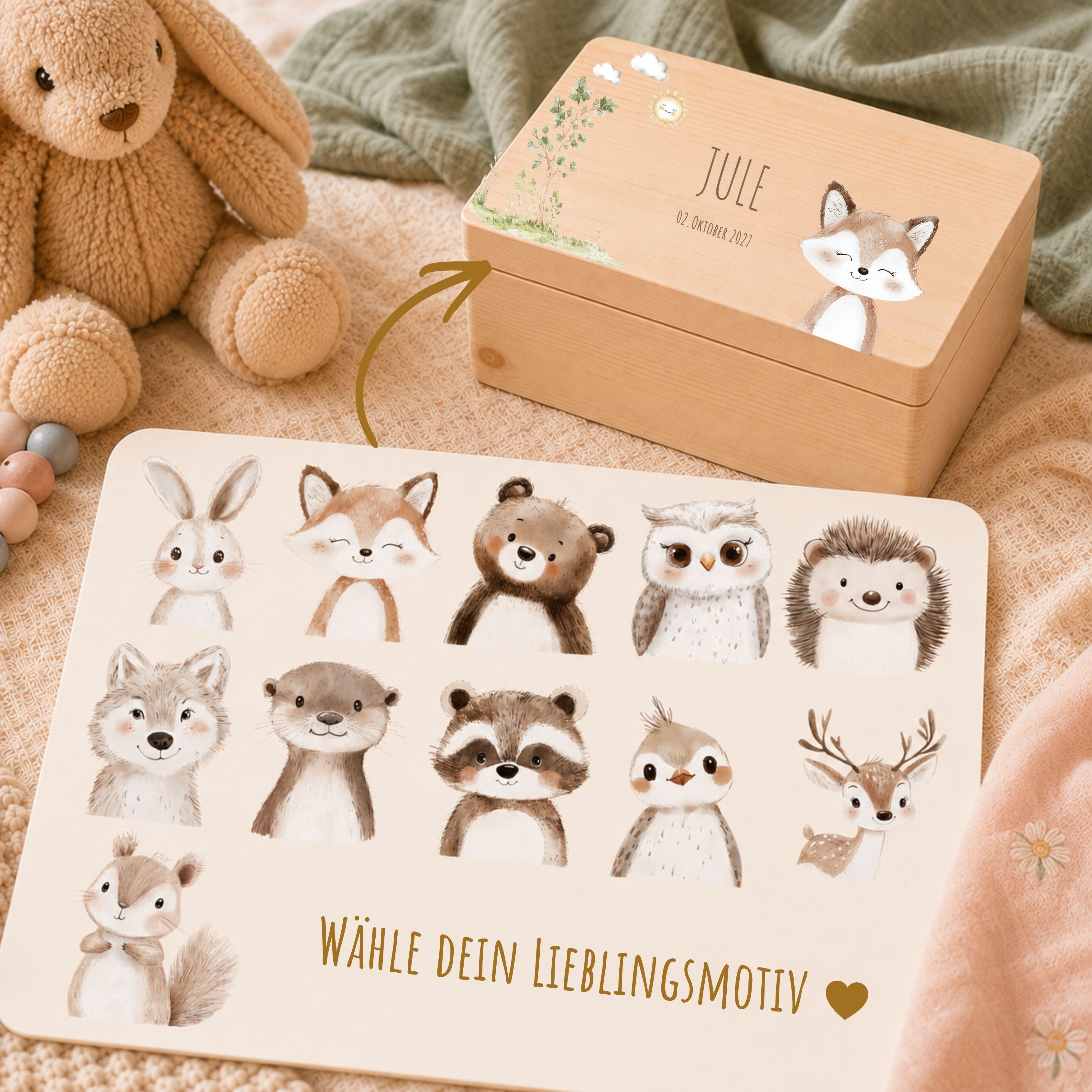 Erinnerungsbox Baby mit Deckel Waldtiere personalisiert – Ansicht 1