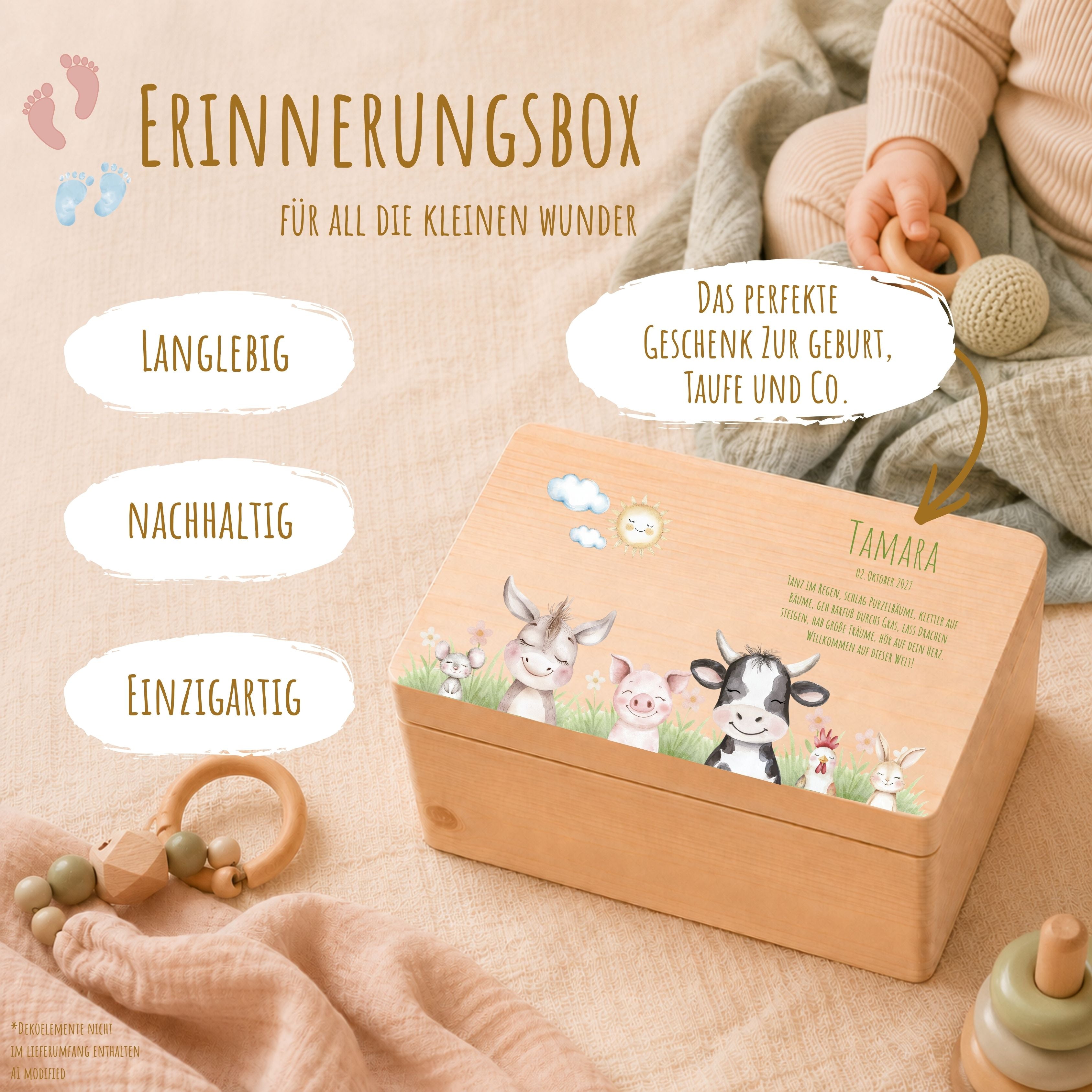 Erinnerungsbox Baby mit Deckel Motiv Bauernhoftiere personalisiert – Ansicht 2