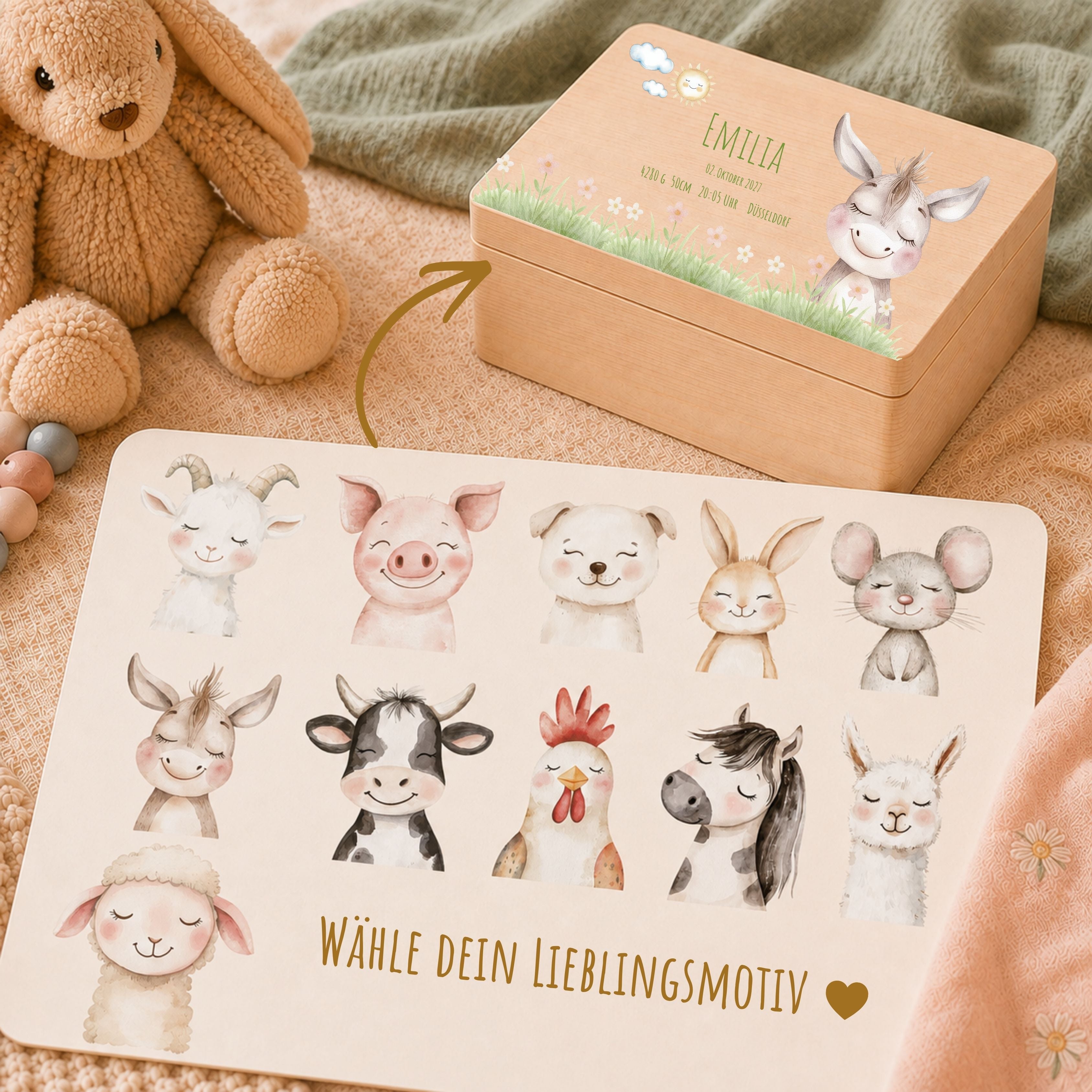 Erinnerungsbox Baby mit Deckel Bauernhof Tiere personalisiert – Ansicht 1